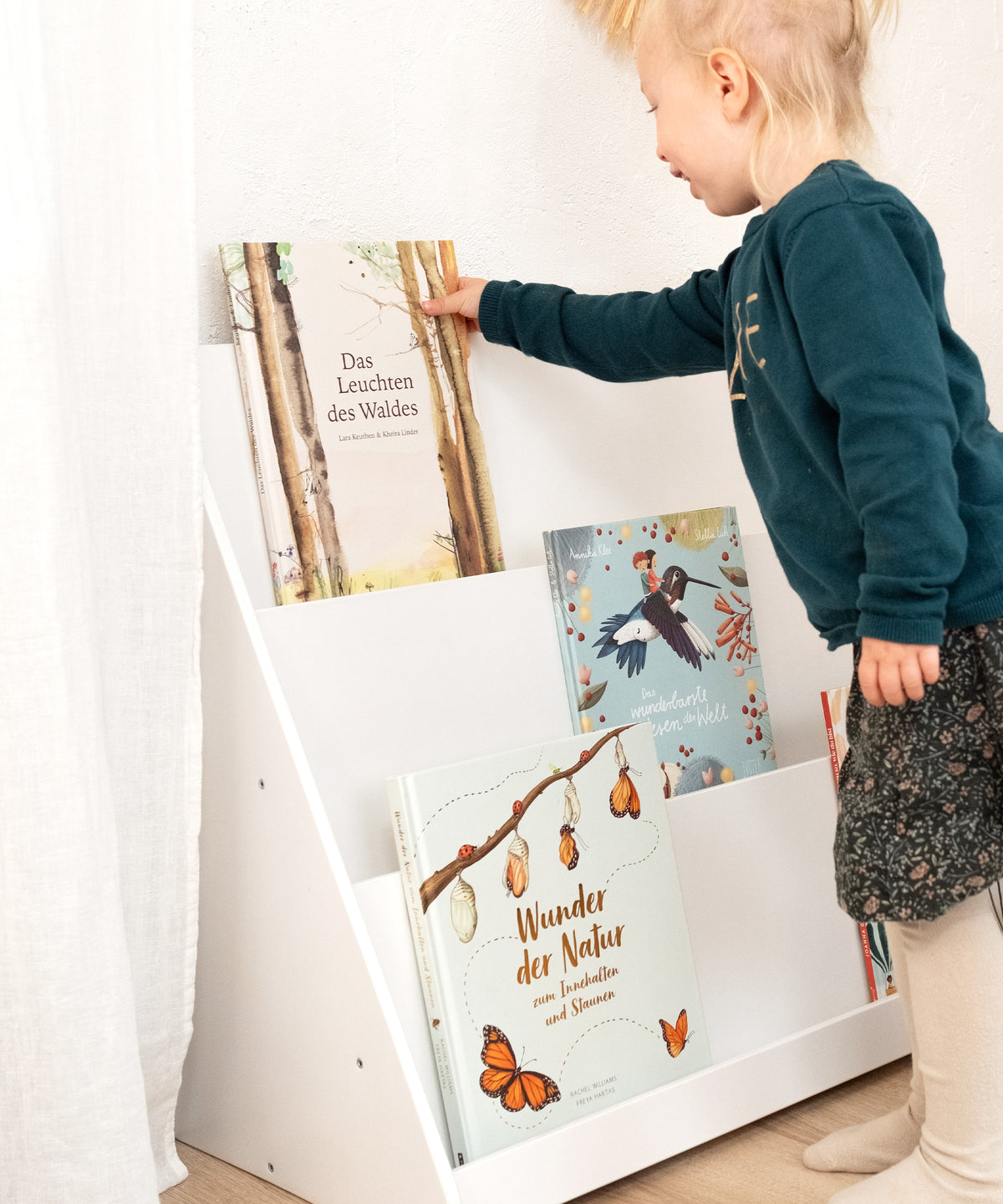 Kind nimmt ein Buch aus dem Bücherregal.