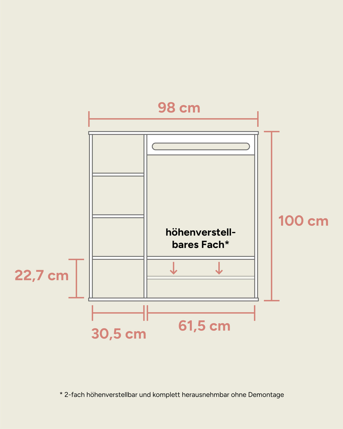 Größengrafik Montessori Kleiderschrank Buche Front.