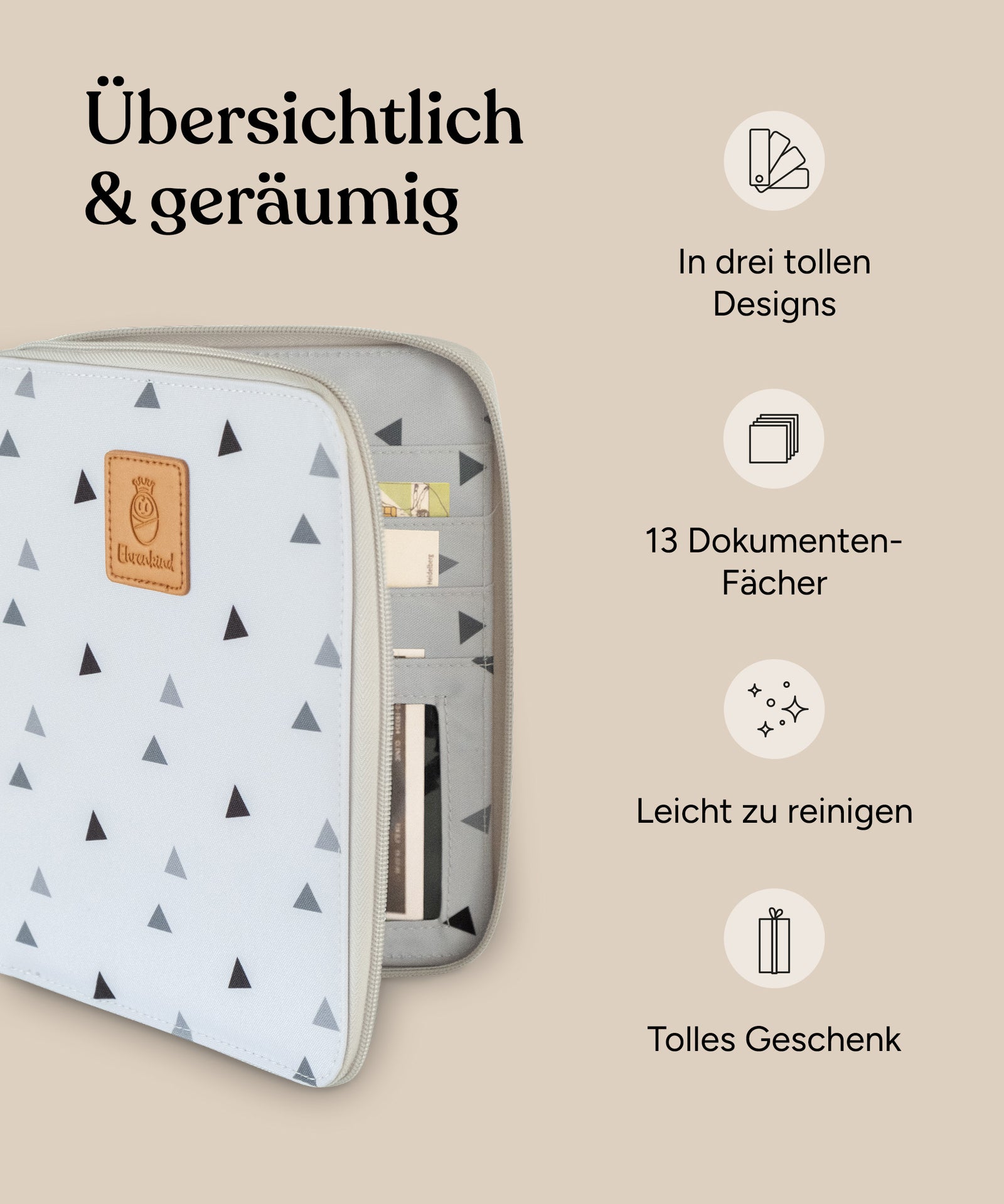 Mutterpasshülle Vorteile: In drei tollen Designs, 13 Dokumentenfächer, leicht zu reinigen, tolles Geschenk.