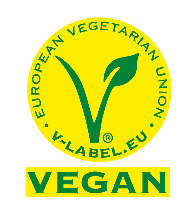 Vegan|Das V-Label (vegan) kennzeichnet Produkte, die frei von tierischen Bestandteilen sind und ohne Tierversuche hergestellt wurden.