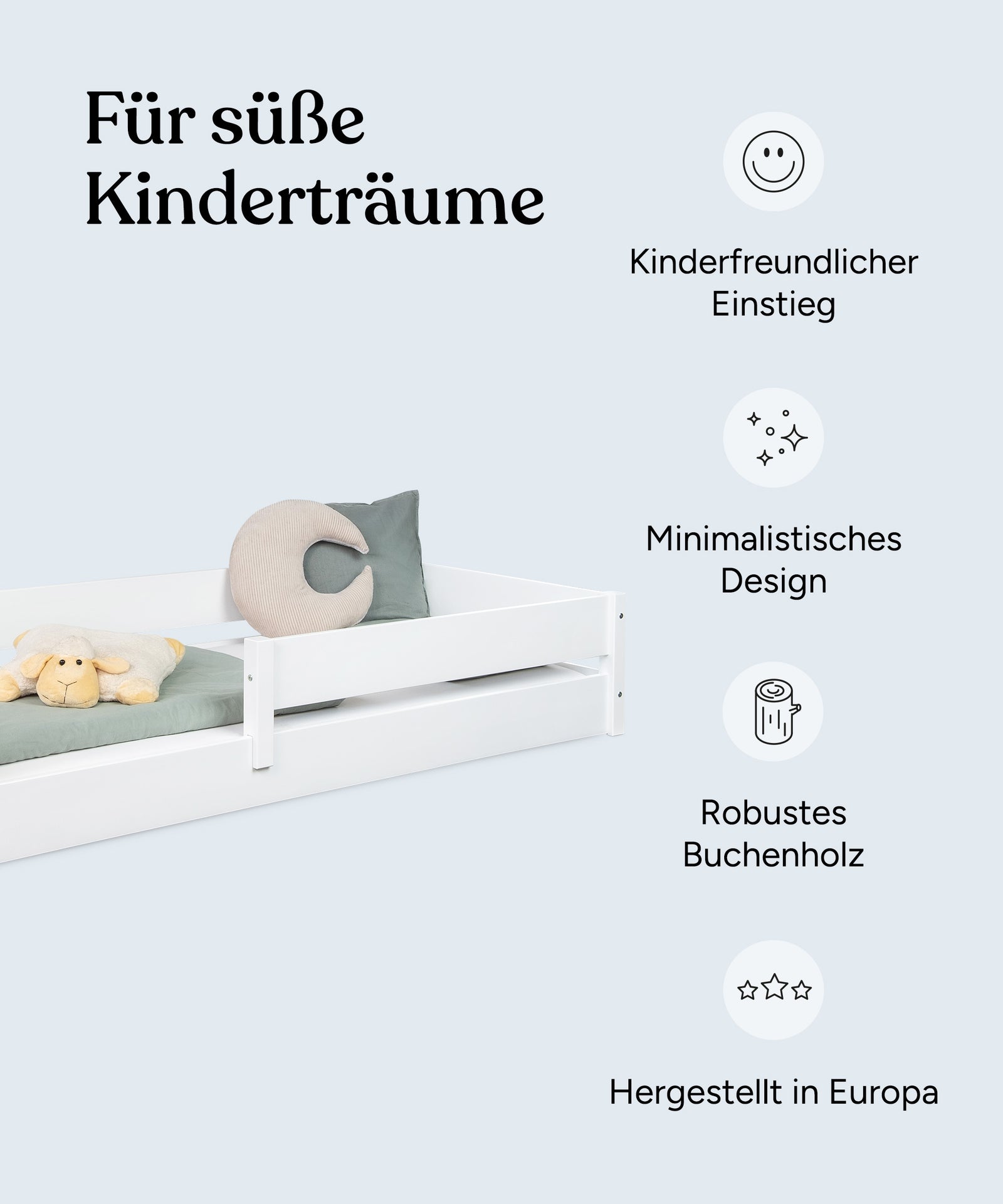 Vorteile Bodenbett Buche B3: Kinderfreundlicher Einstieg, minimalistisches Design, robustes Buchenholz, hergestellt in Europa.