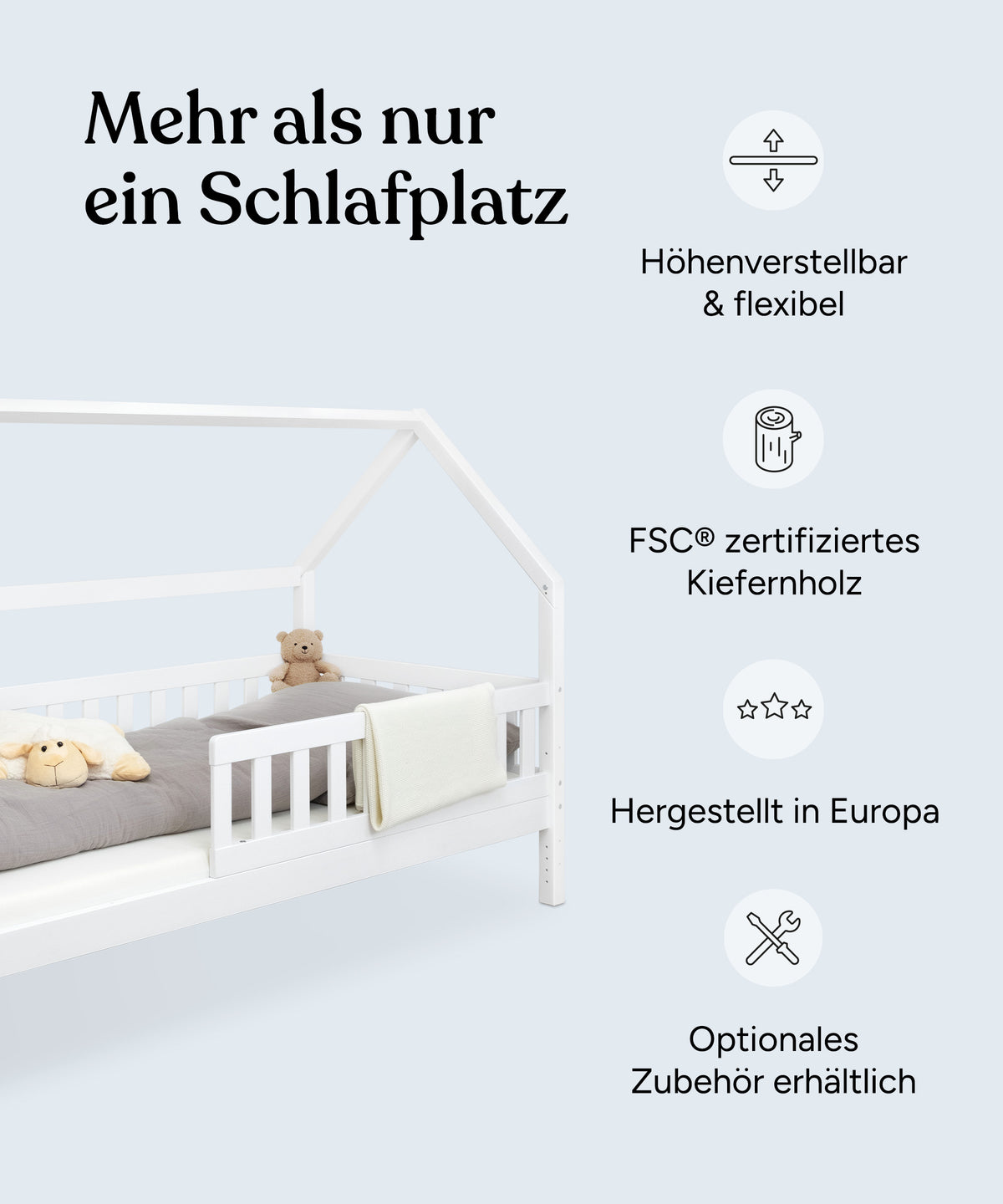 Vorteile Hausbett Kiefer Weiß: Höhenverstellbar und flexibel, nachhaltiges Kiefernholz, hergestellt in Europa, optionales Zubehör erhältlich.