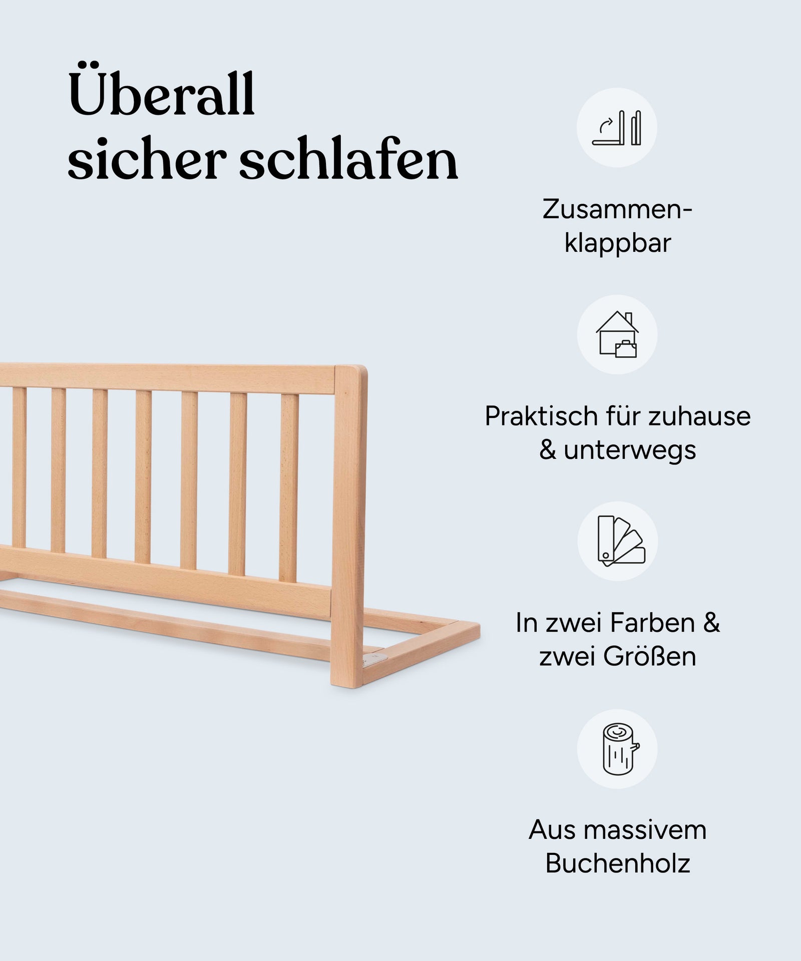 Vorteile Rausfallschutz: Zusammenklappbar, praktisch für zuhause und unterwegs, in zwei Farben und zwei Größen, aus massivem Buchenholz.