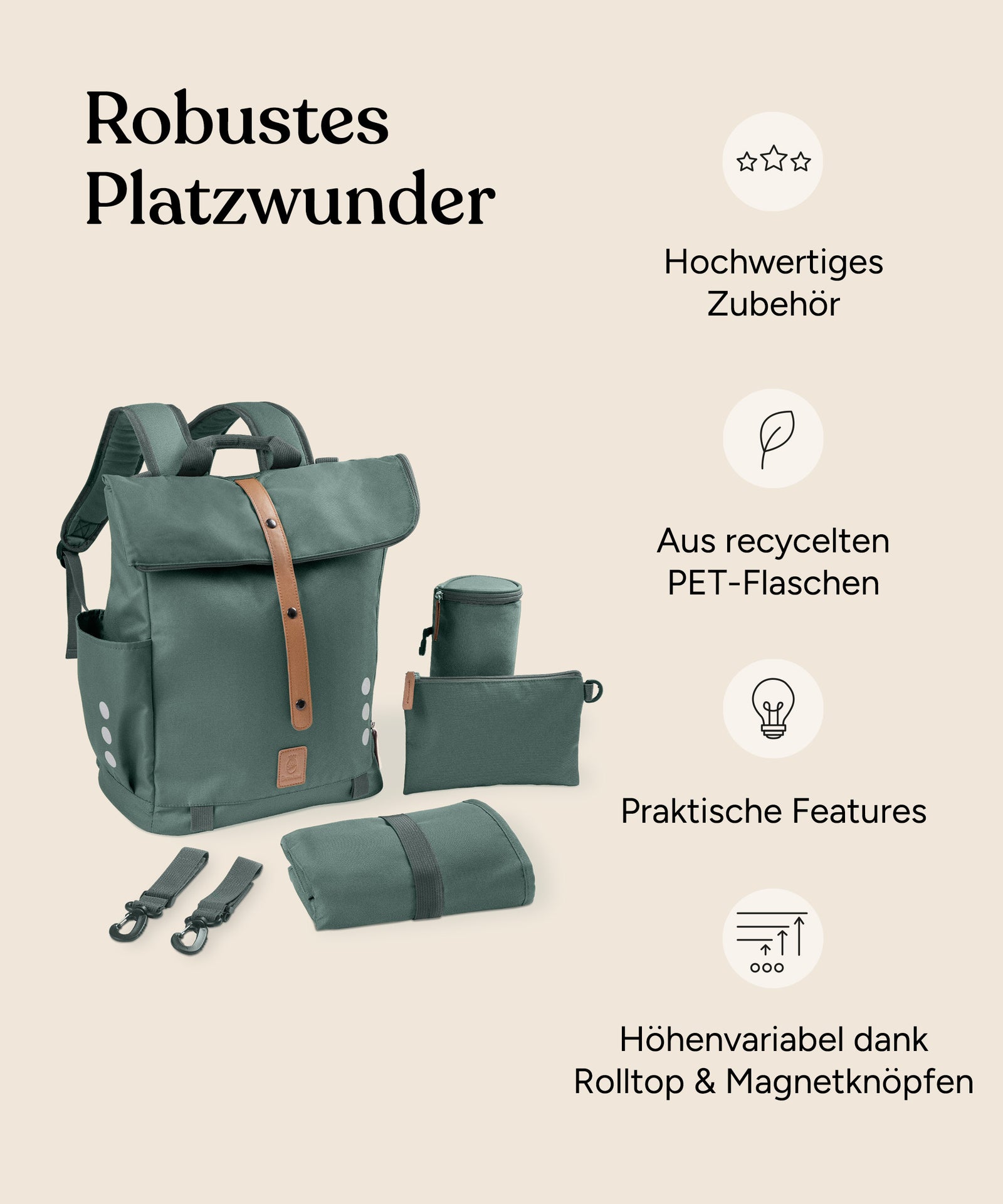 Vorteile Wickelrucksack: Hochwertiges Zubehör, aus recycelten PET-Flaschen, praktische Features, höhenvariabel dank Rolltop und Magnetknöpfen.