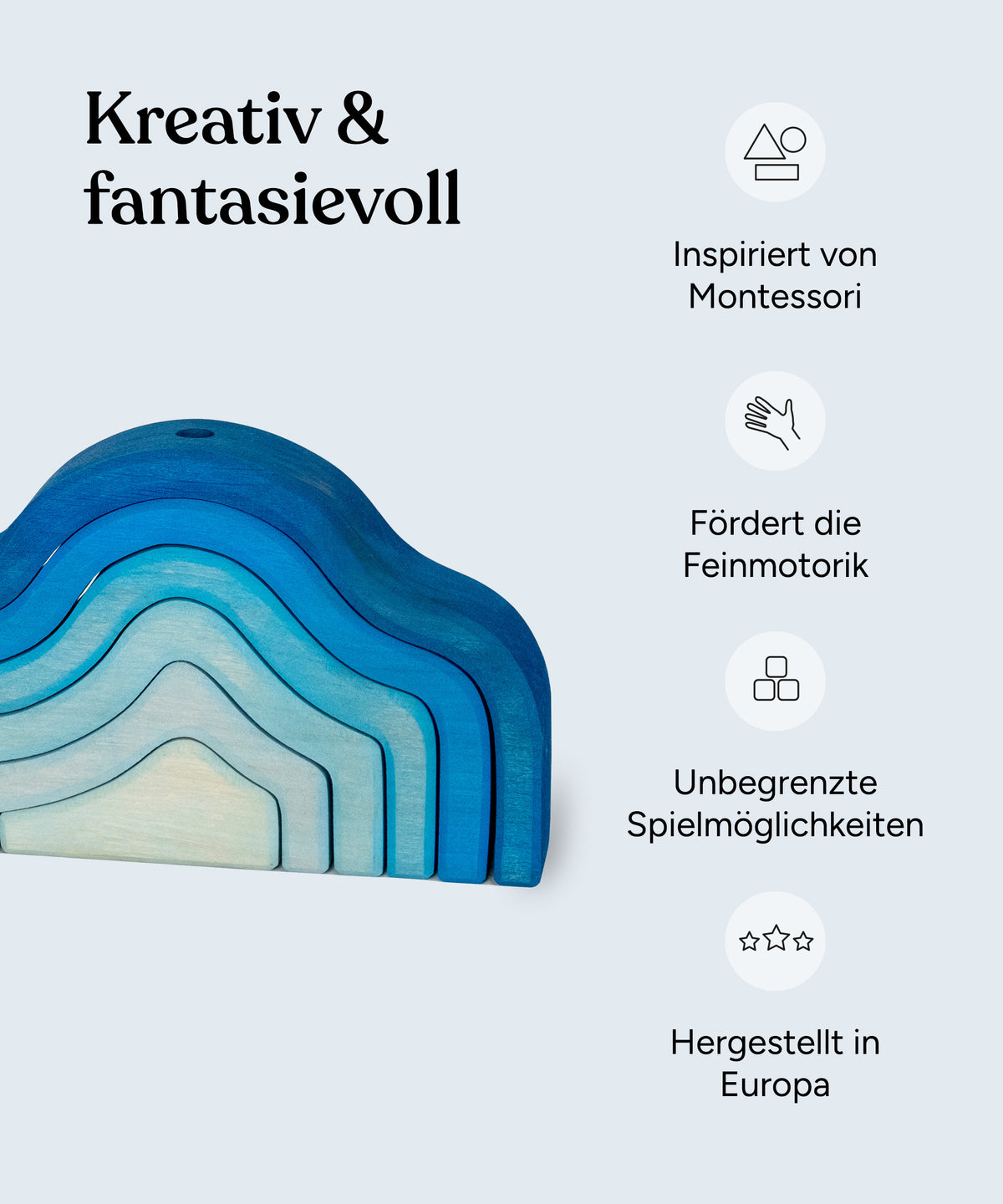 Vorteile der Wolke: Inspiriert von Montessori, fördert die Feinmotorik, unbegrenzte Spielmöglichkeiten, hergestellt in Europa.