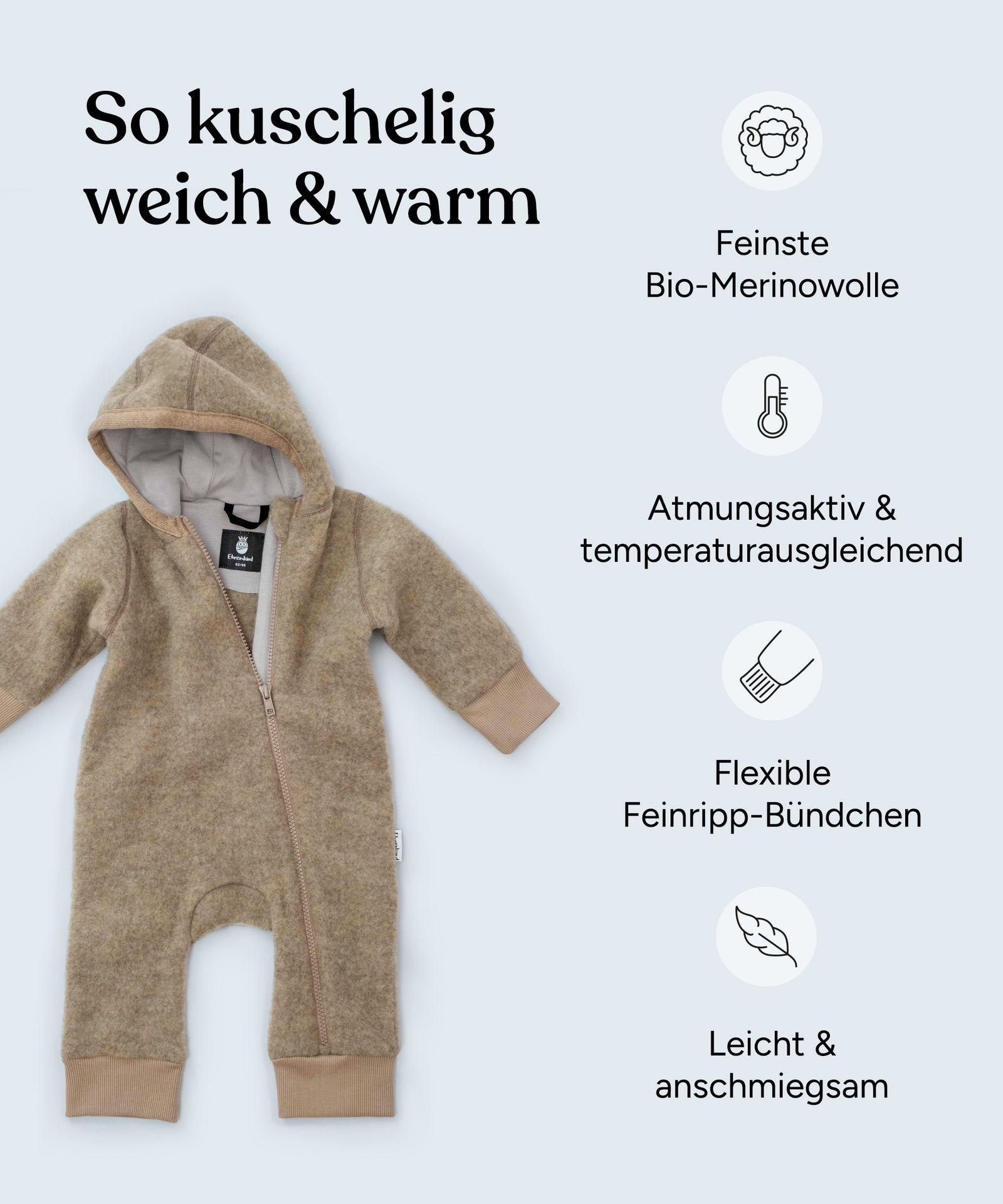 Vorteile Wollfleeceoverall: Feinste Bio-Merinowolle, atmungsaktiv und temperaturausgleichend, flexible Feinripp-Bündchen, leicht und anschmiegsam.