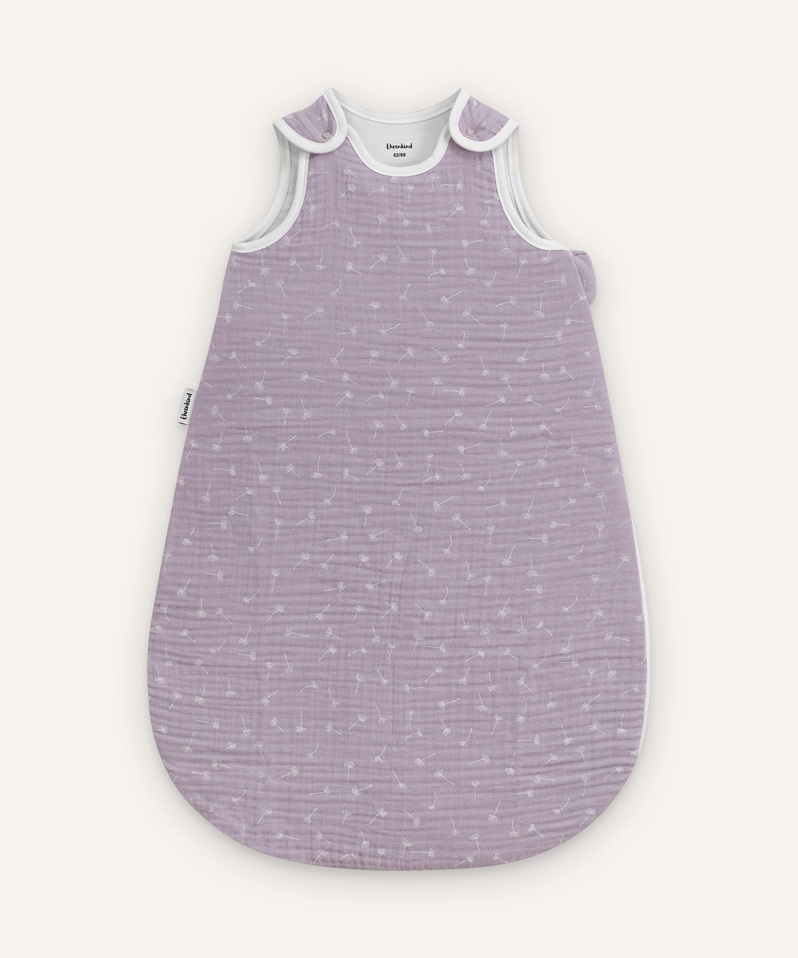 Musselin Babyschlafsack ganzjährig Flieder Pusteblume.