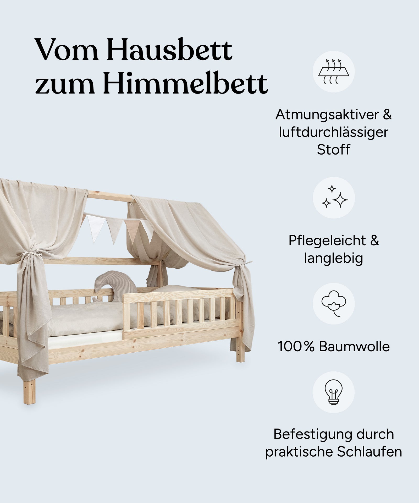 USP-Grafik mit 4 Vorteilen vom Ehrenkind Dekorations-Set Betthimmel.