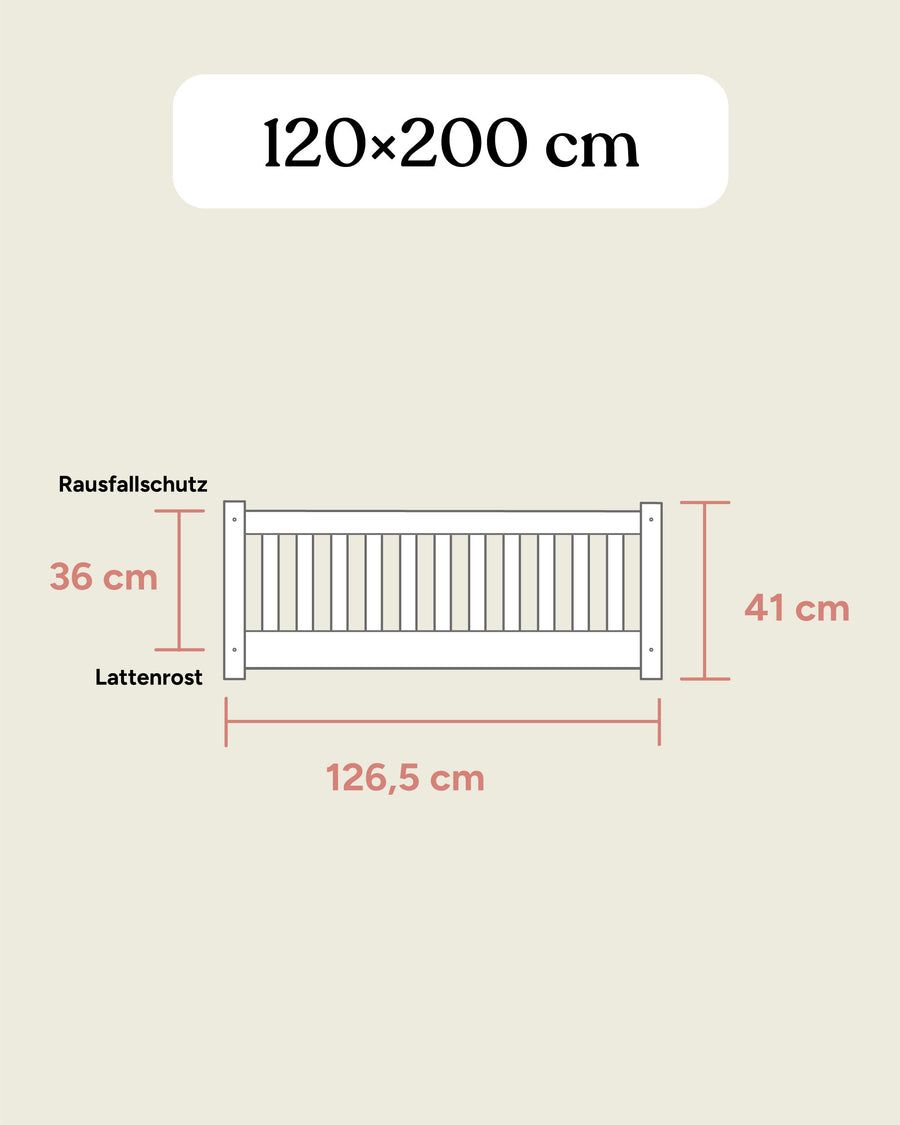 Bodenbett Buche Maße 120x200 cm Seitenansicht.