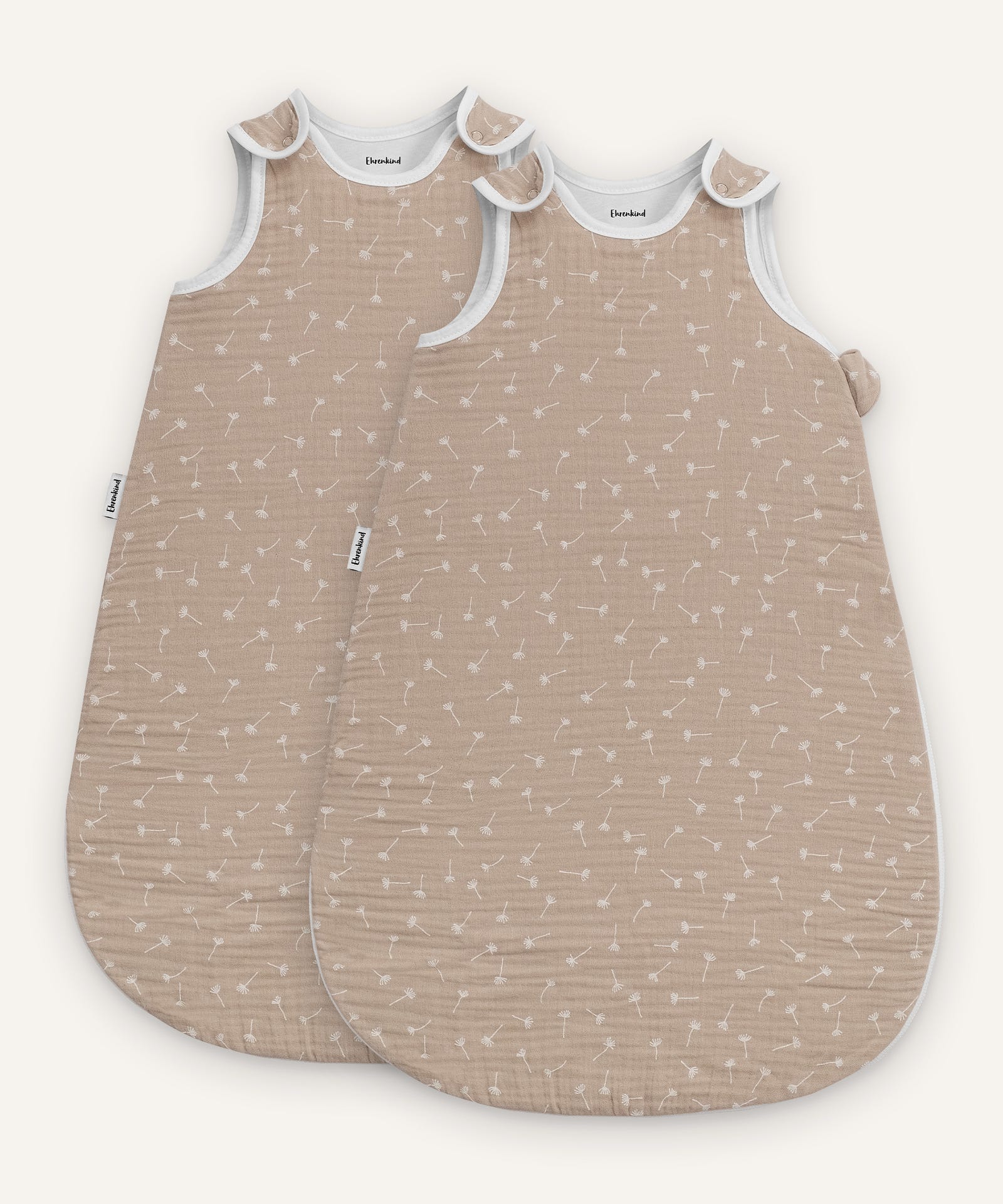 Babyschlafsack Musselin Beige mit Pusteblumen.