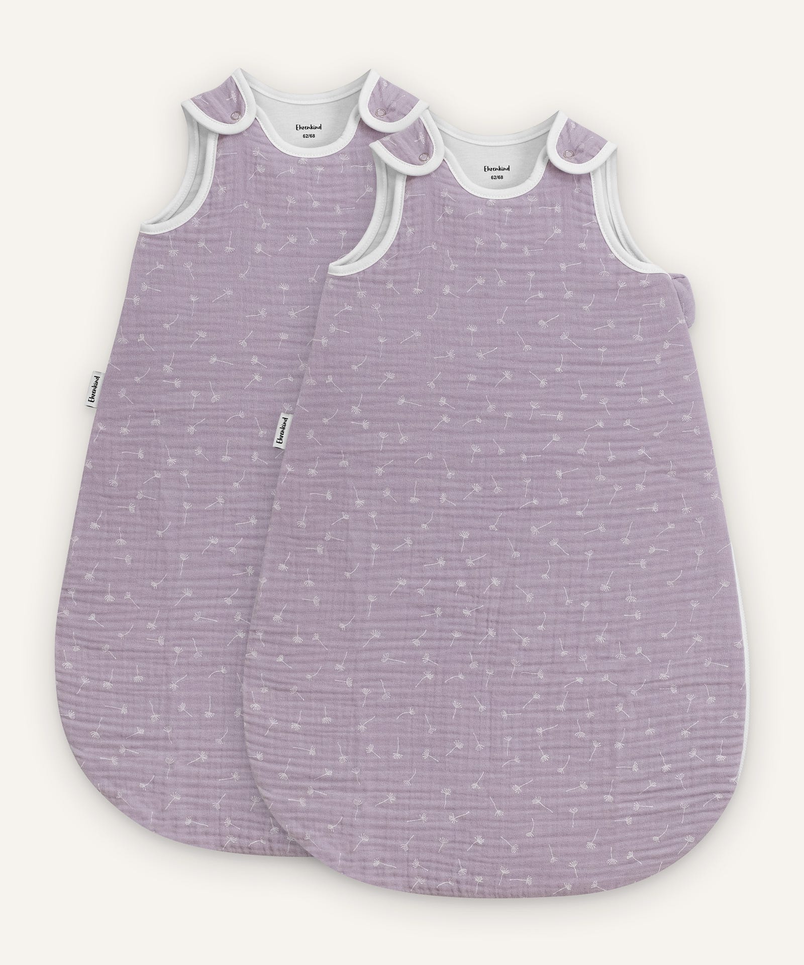 Babyschlafsack Musselin Flieder mit Pusteblumen.