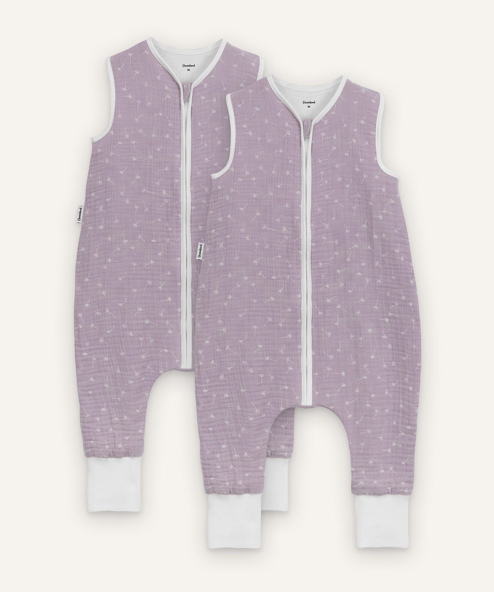 2er Bundle Ehrenkind Schlafsack Musselin mit Beinen in flieder mit Pusteblumen.