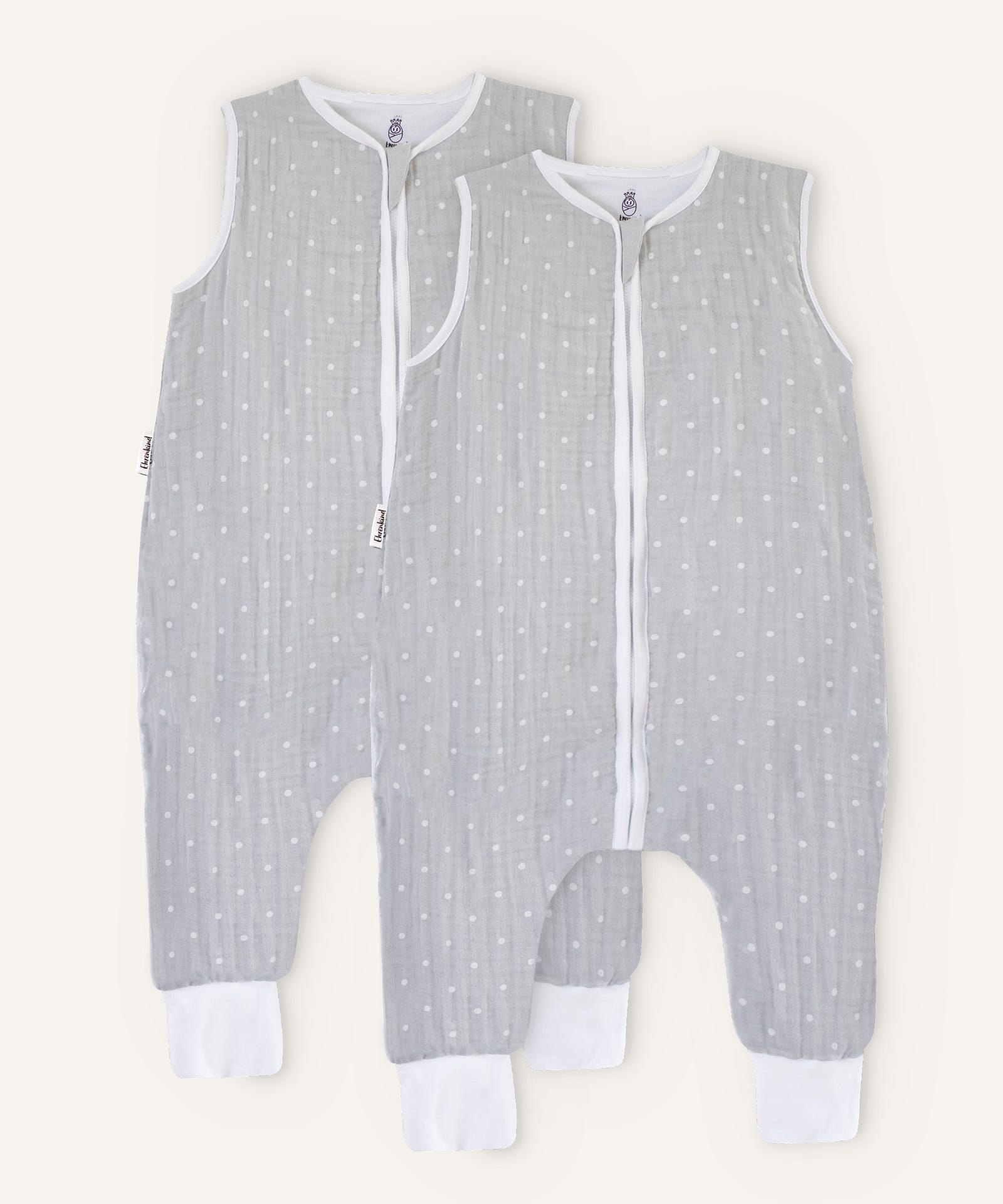 2er Bundle Ehrenkind Schlafsack Musselin mit Beinen in grau mit weißen Punkten.