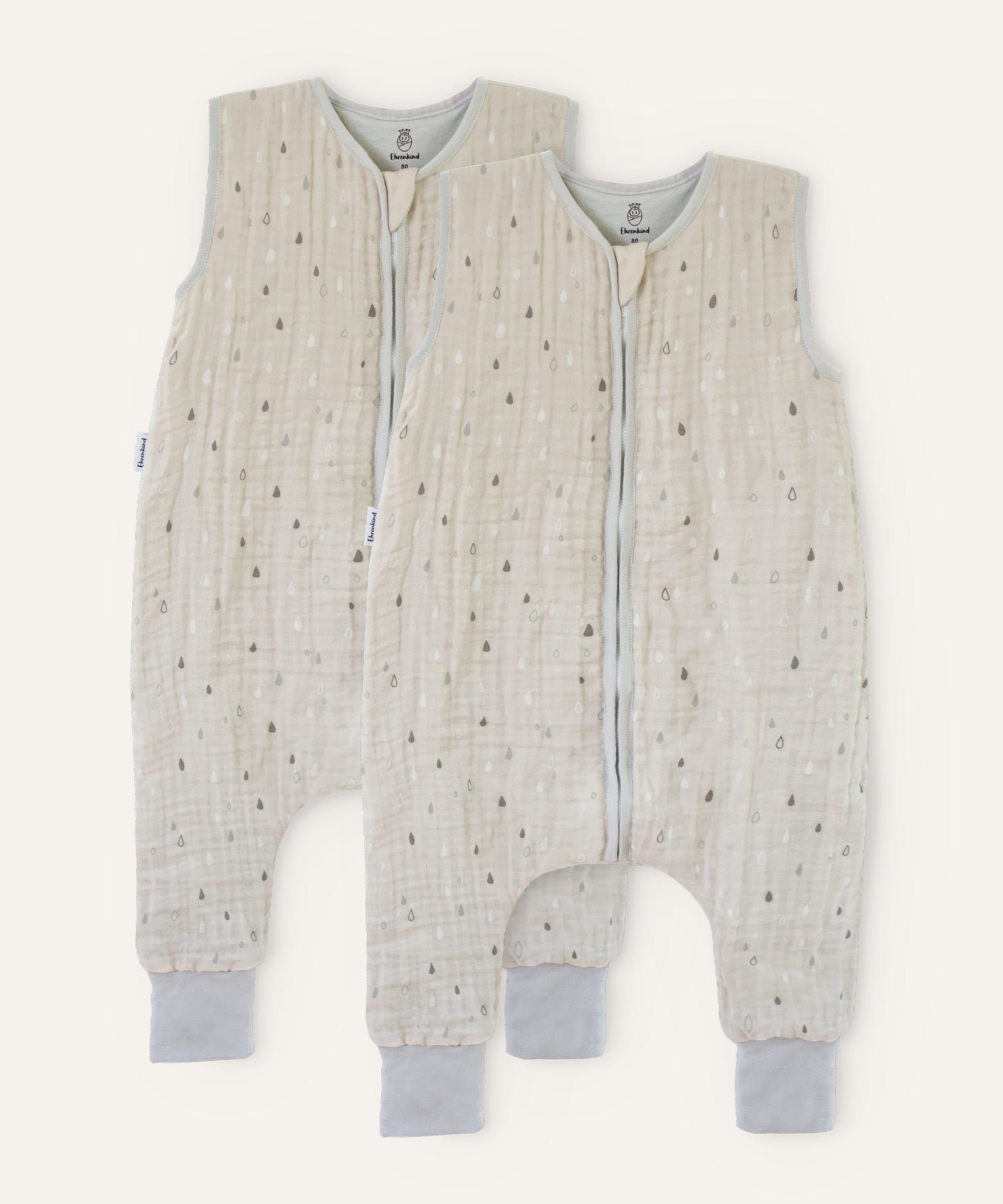 2er Bundle Ehrenkind Schlafsack Musselin mit Beinen  in natur mit weiß, grauen Tropfen.