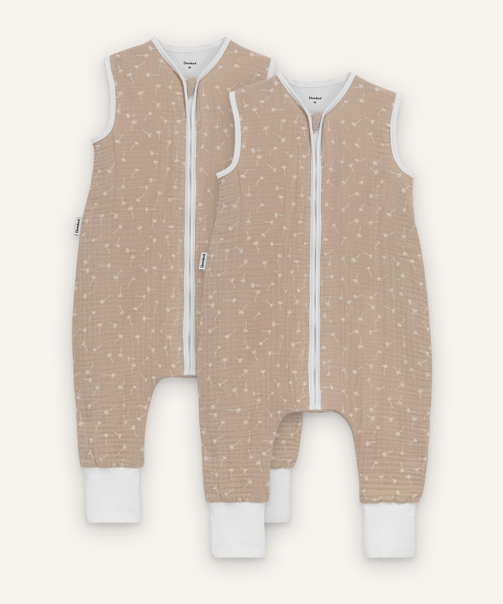 2er Bundle Ehrenkind Schlafsack Musselin mit Beinen in beige mit Pusteblumen.