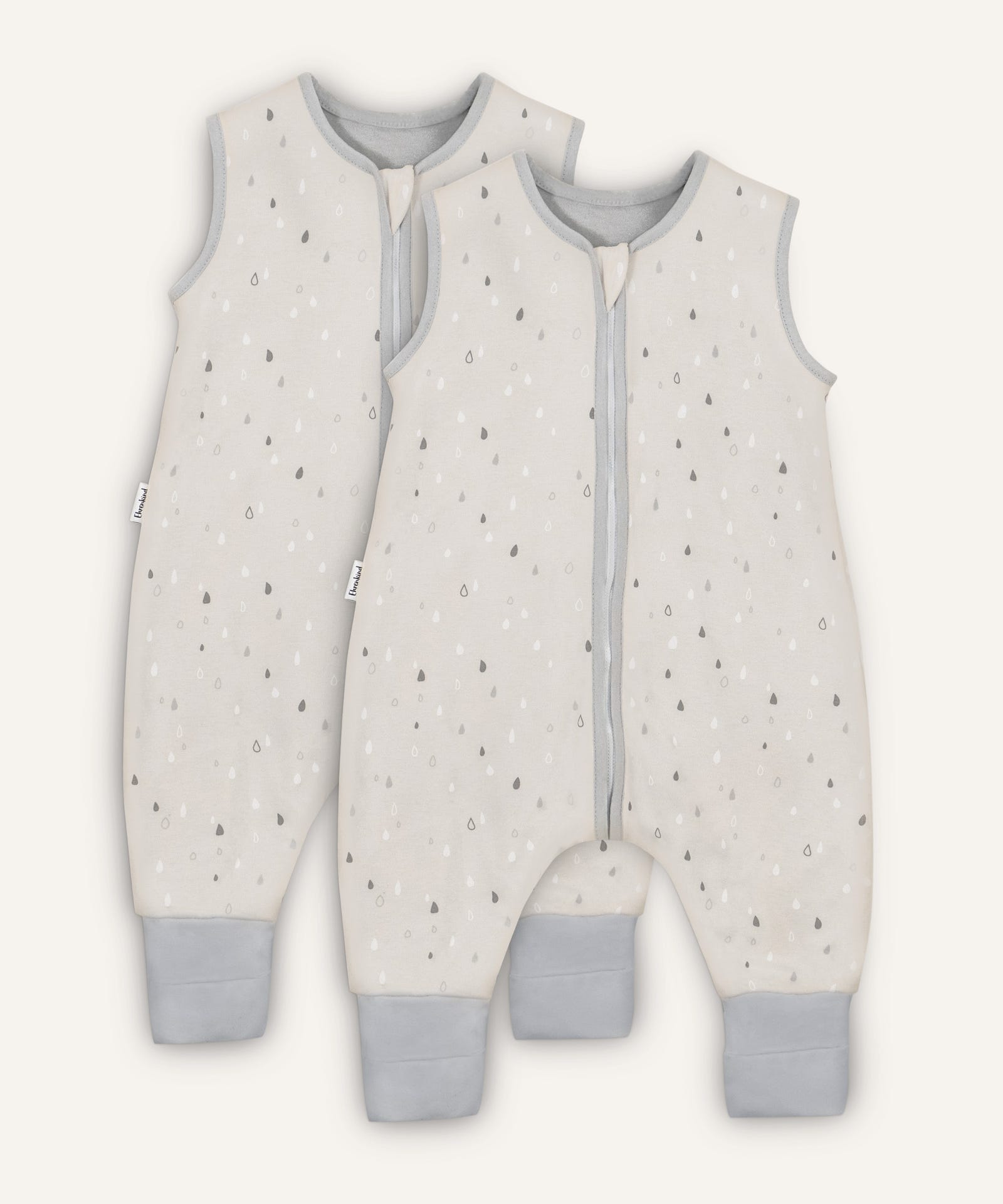 2er Bundle Ehrenkind Sommerschlafsack mit Beinen in natur mit weiß, grauen Tropfen.