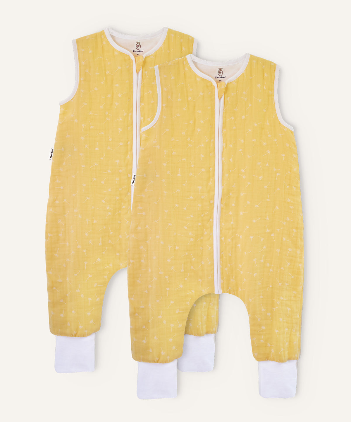 2er Bundle Ehrenkind Baby-Sommerschlafsack Musselin mit Beinen  in Vanille mit Pusteblume.