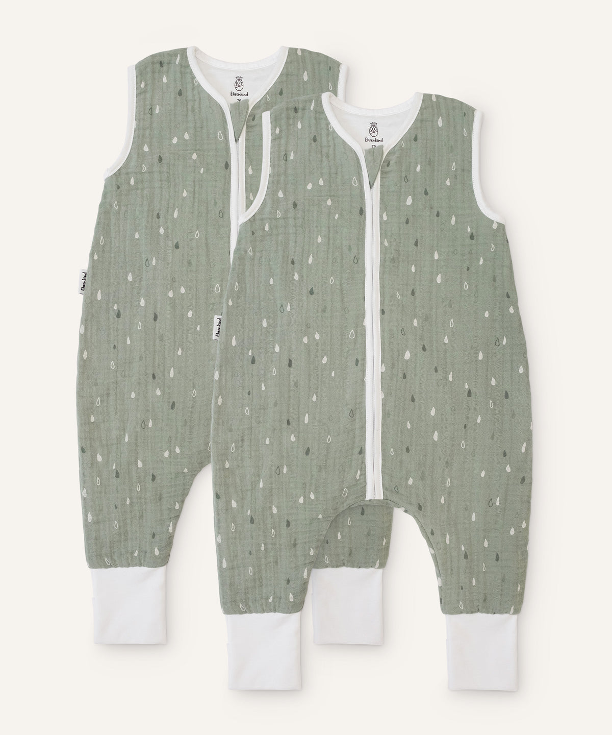 2er Bundle Ehrenkind Baby-Sommerschlafsack Musselin mit Beinen in jade mit weiß, grünen Tropfen.