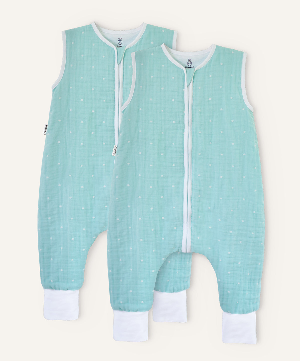 2er Bundle Ehrenkind Baby-Sommerschlafsack Musselin mit Beinen   in mint mit weißen Sternen.