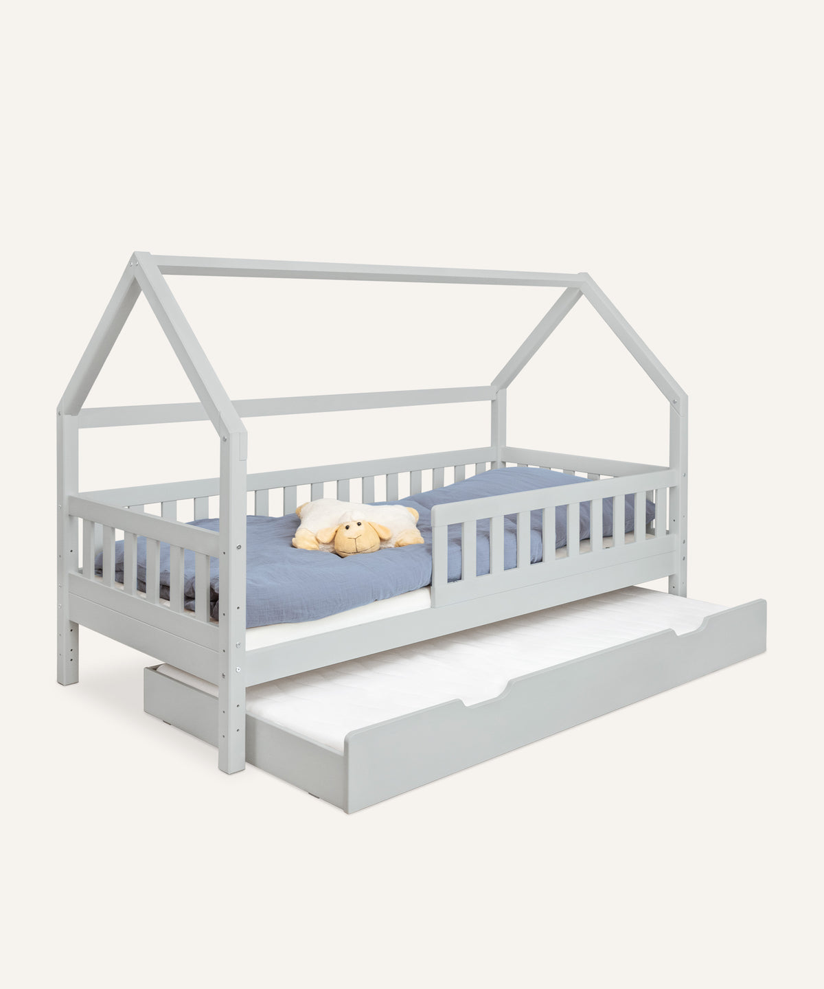 Ehrenkind Hausbett Kiefer Hellgrau mit Bettkasten.