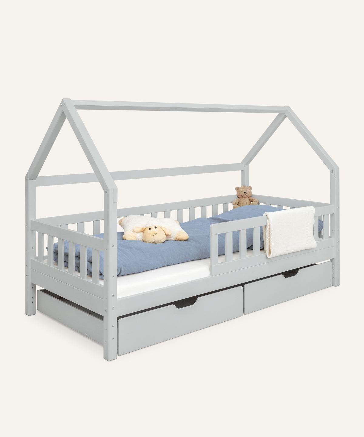 Ehrenkind Hausbett Kiefer Hellgrau mit Doppelschublade.

