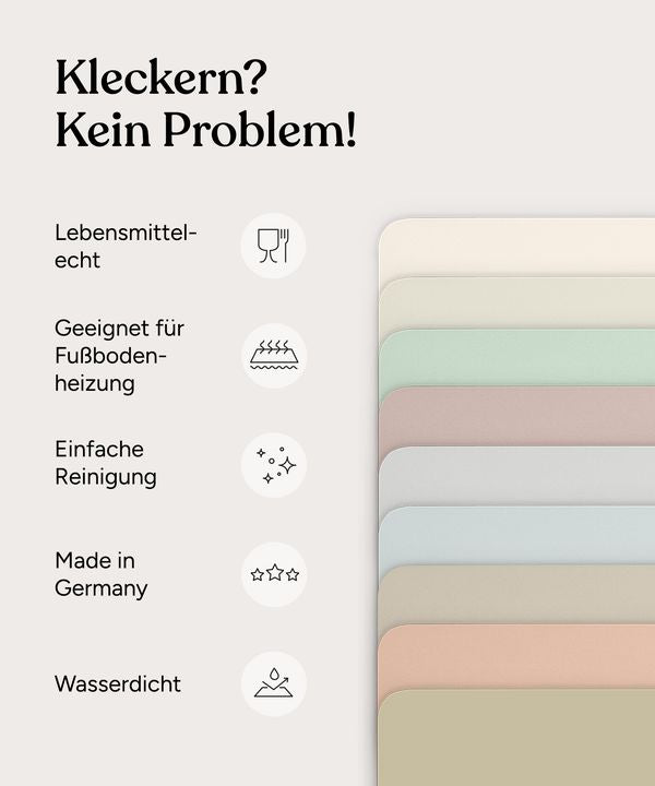 Vorteile Bodenmatte: Lebensmittelecht, geeignet für Fußbodenheizung, einfache Reinigung, Made in Germany und wasserdicht.