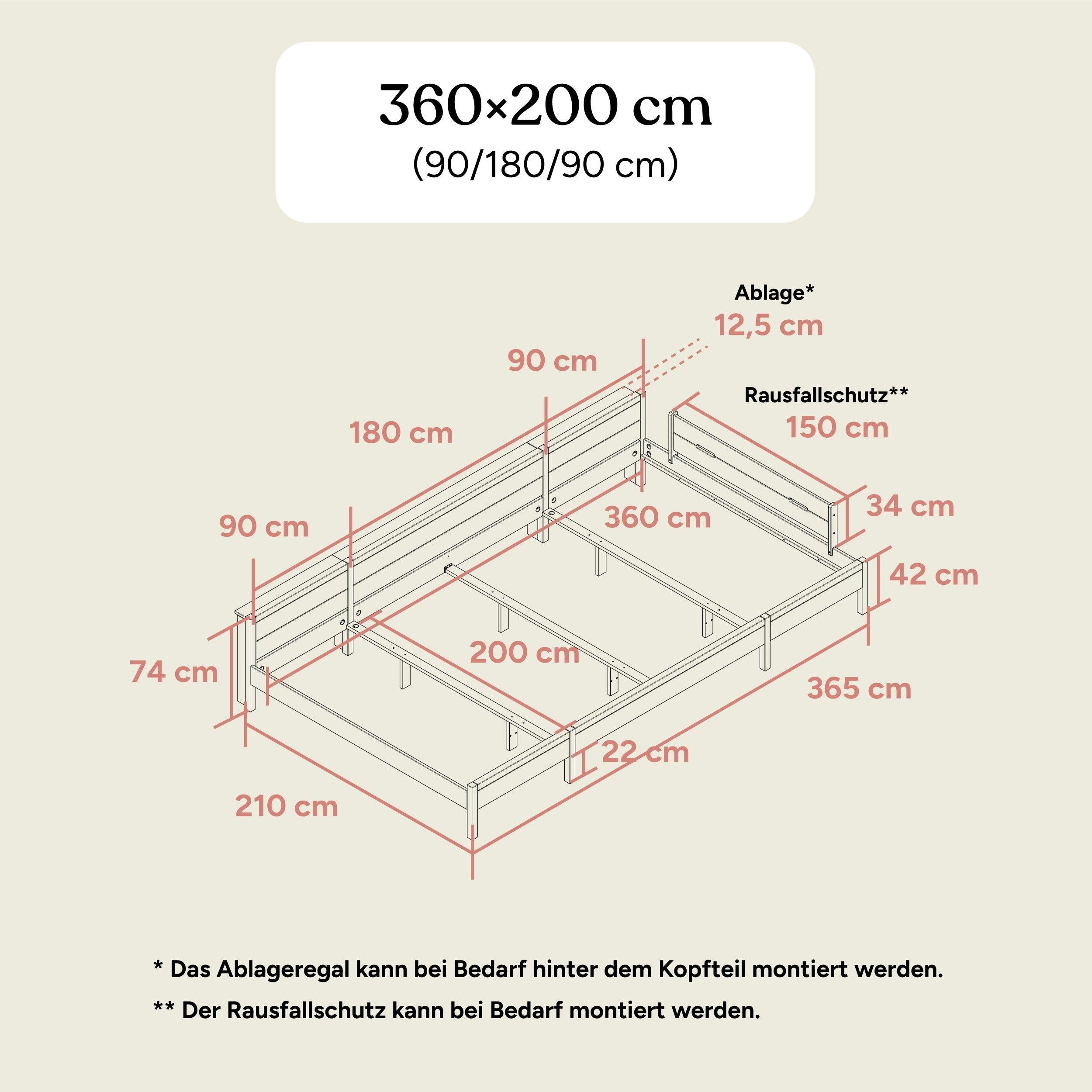 Familienbett | Esche - Nussbaum gebeizt | 360x200 (90/180/90) | Standard