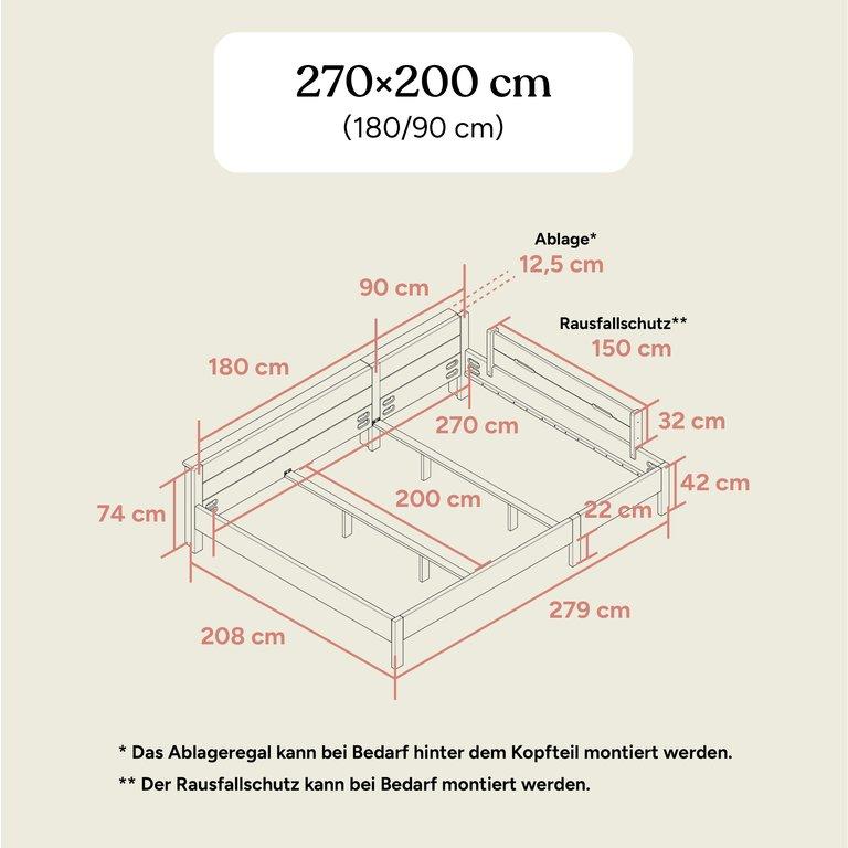 Familienbett Kiefer 270x200 (180/90) Transparent lackiert Standardhöhe