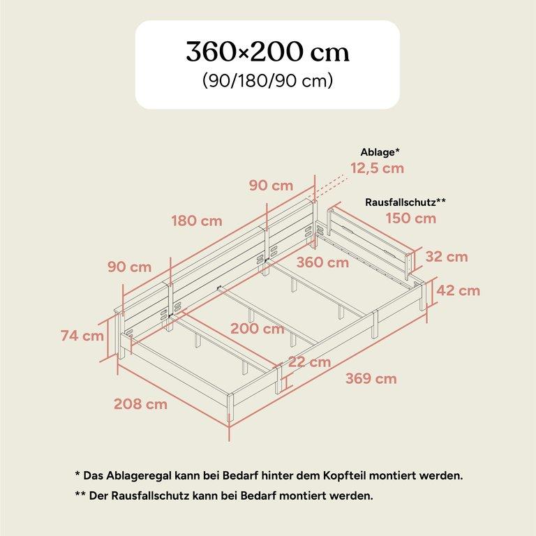Familienbett Kiefer 360x200 (90/180/90) Transparent lackiert Standardhöhe