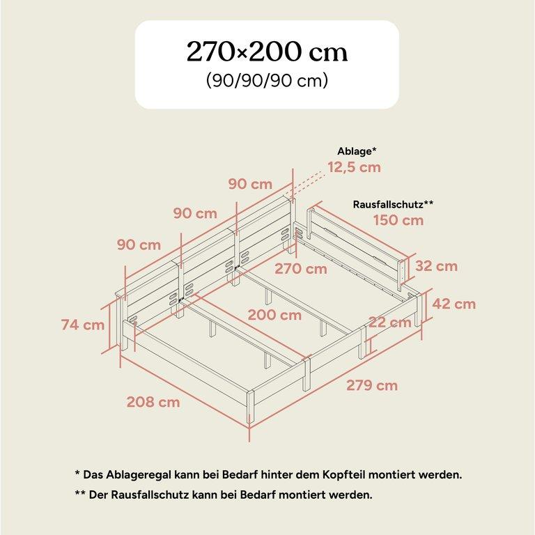 Familienbett Kiefer Weiß 270x200 (90/90/90) Standardhöhe