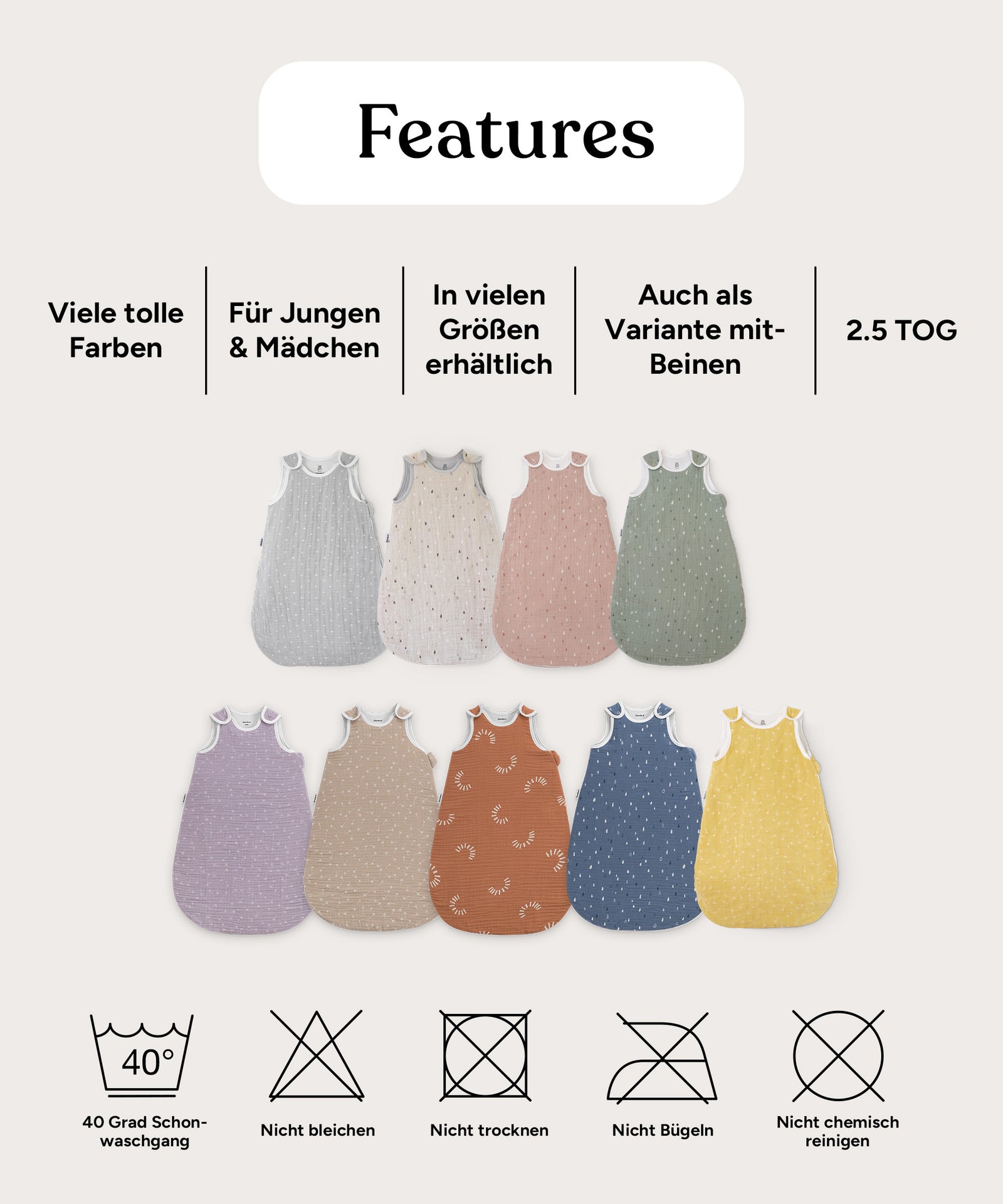 Features Baby-ganzjahresschlafsack Musselin.