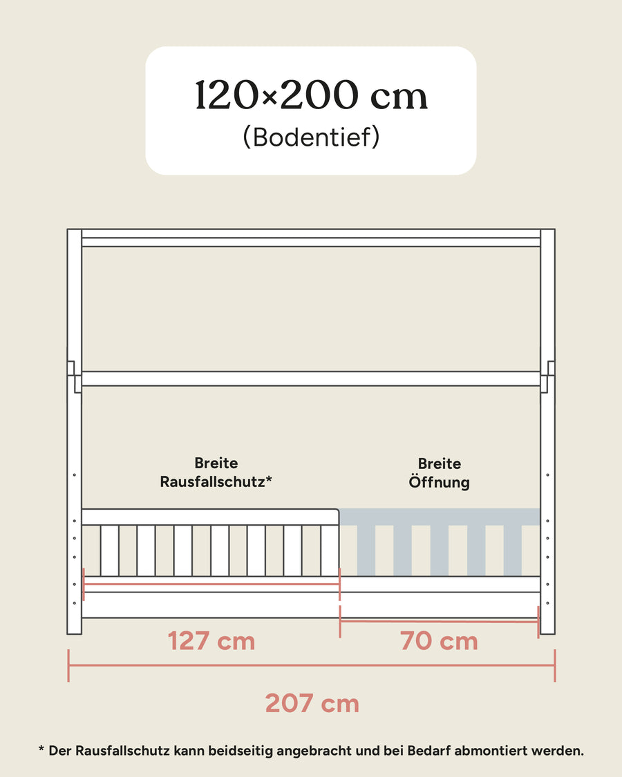 Größengrafik Hausbett Lille 120x200 cm bodentief seitlich
