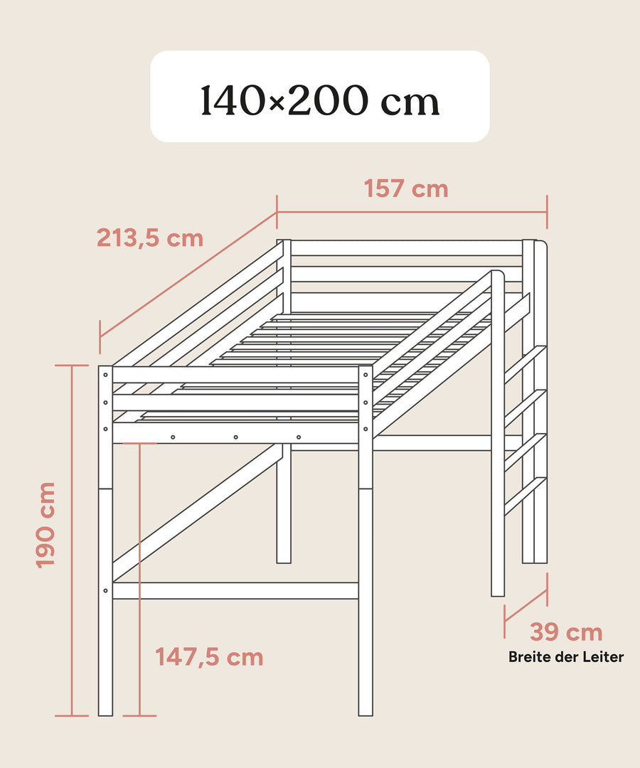 Größengrafik Hochbett Vento 140x200 cm.