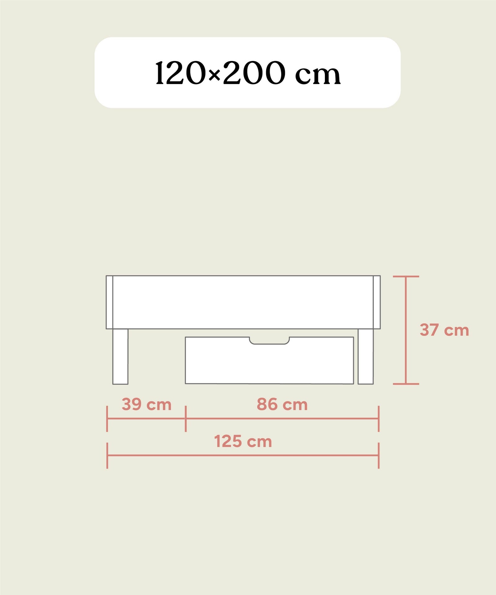Größengrafik Jugendbett Plano von vorne 120x200 cm.