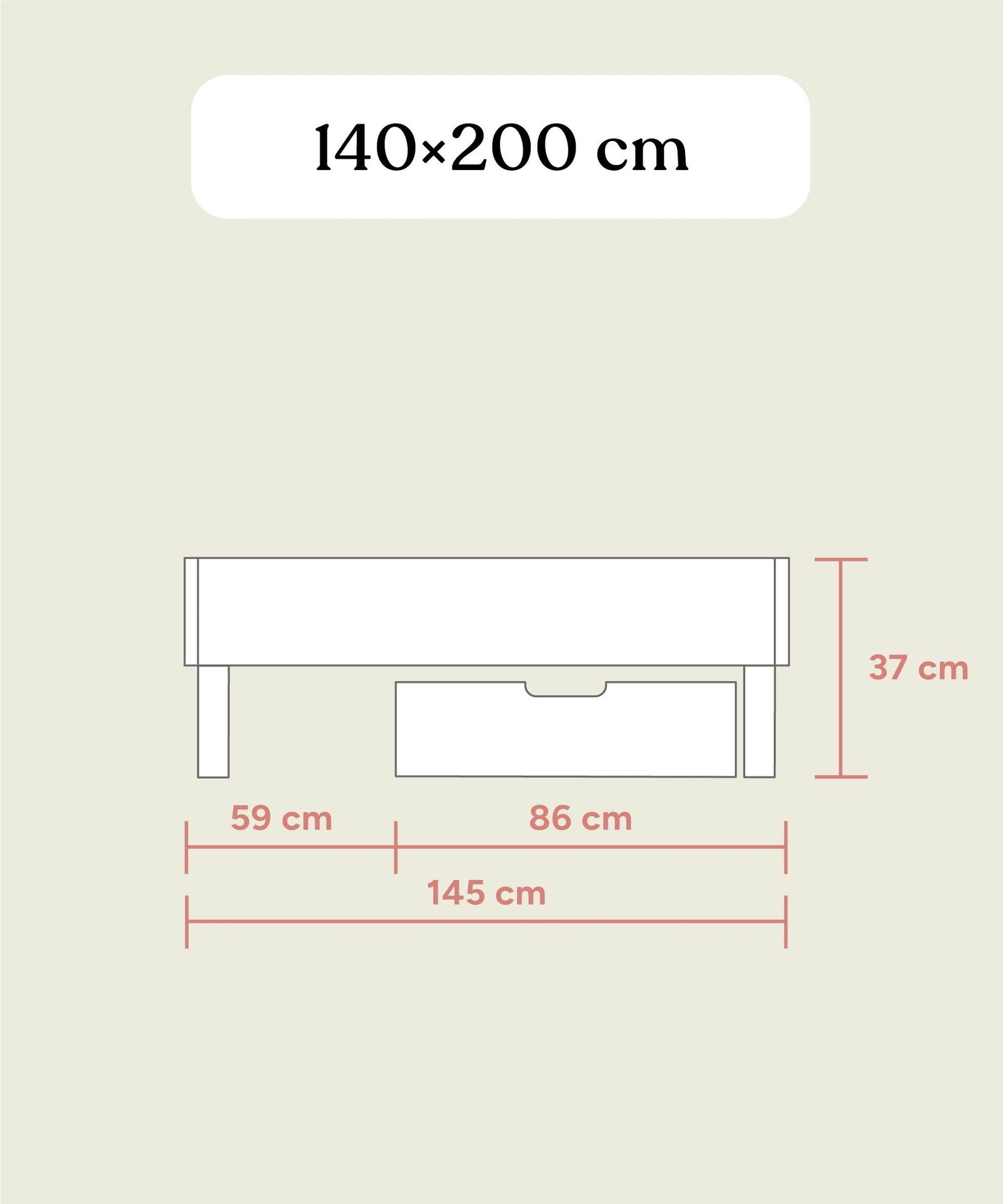Größengrafik Jugendbett Plano von vorne 140x200 cm.