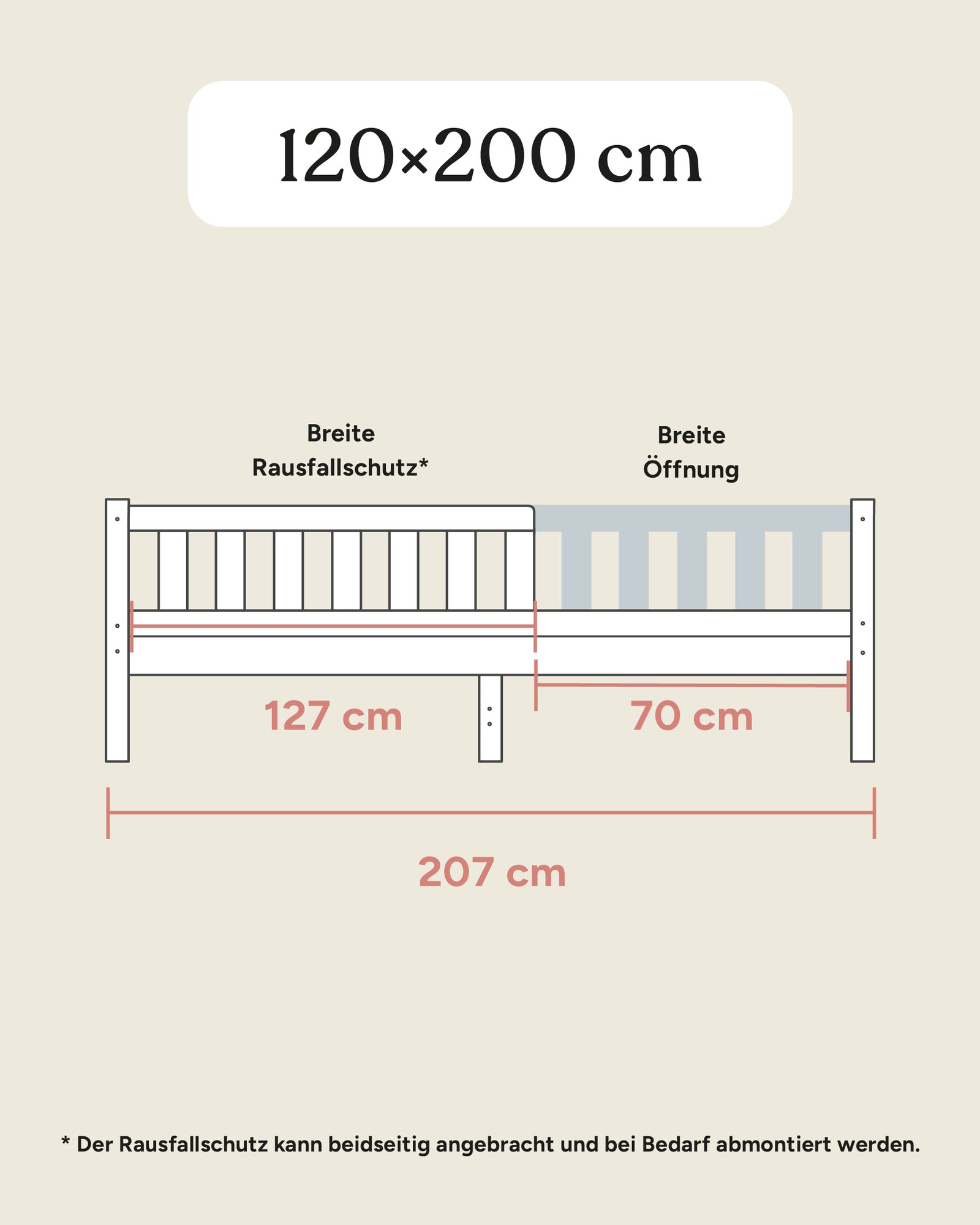 Größengrafik Kinderbett Lille 120x200 seitlich