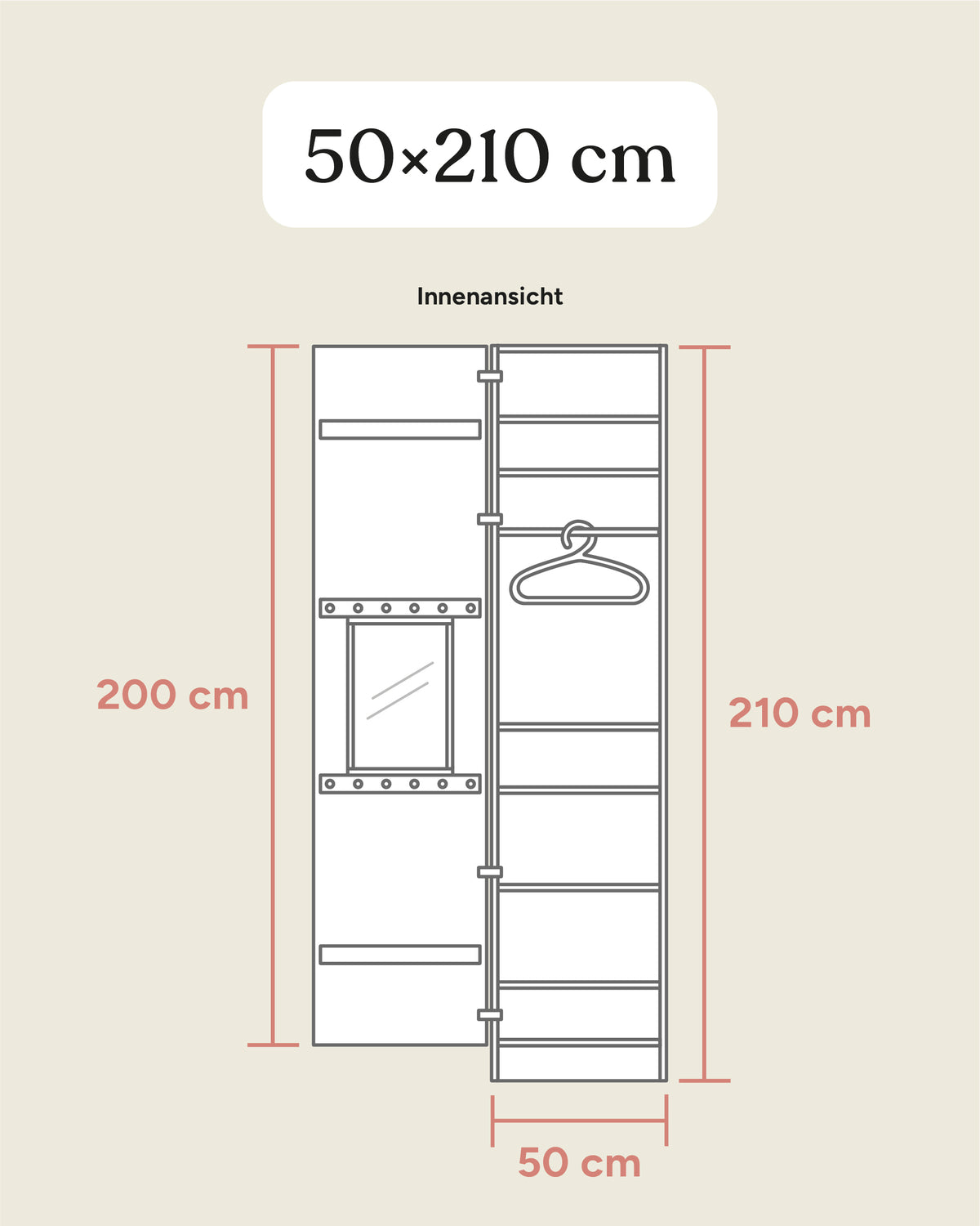 Größengrafik Kleiderschrank Linia mit extra Einlegeböden 50x210 cm.
