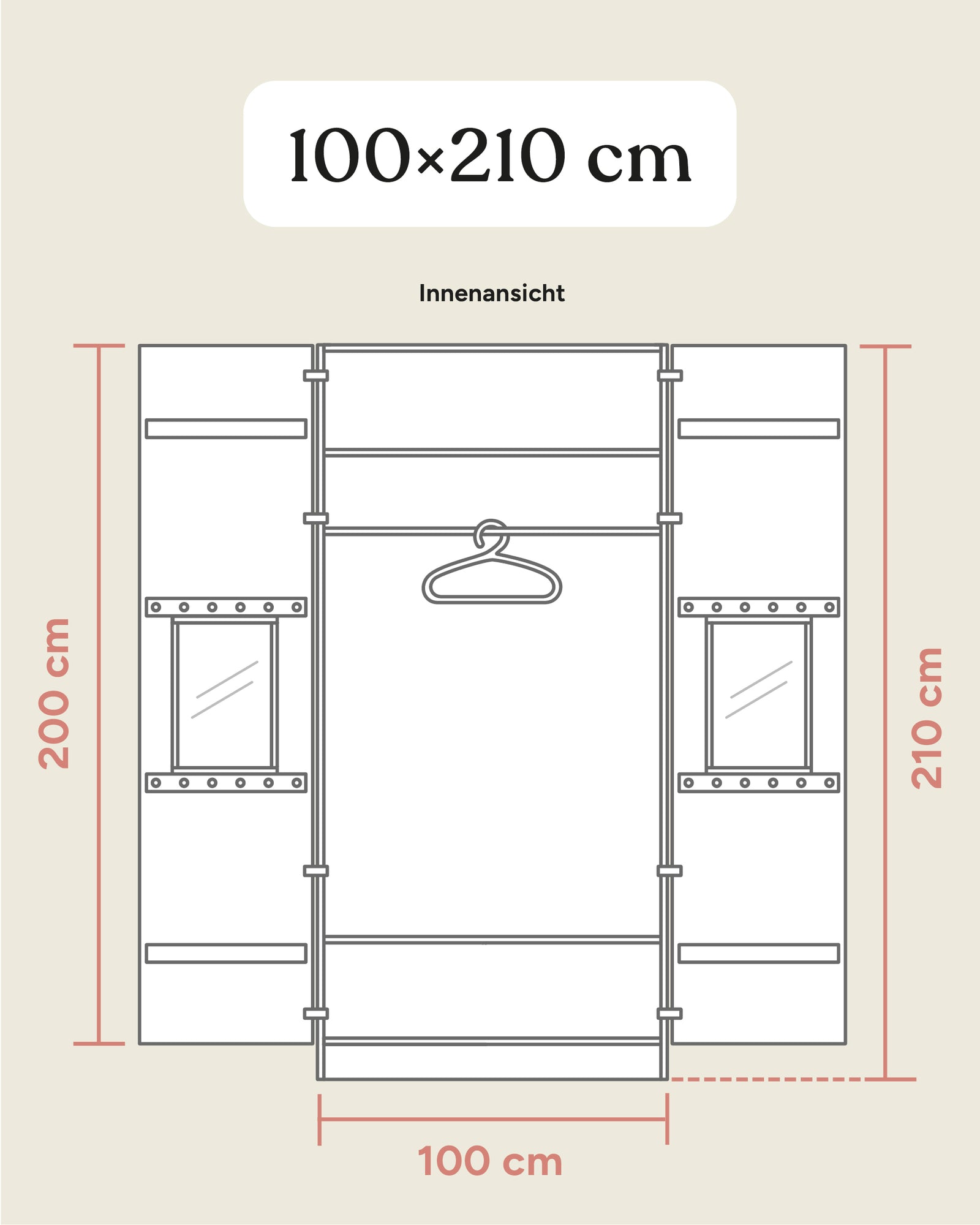 Größengrafik Kleiderschrank Linia Innen 100x210 cm.