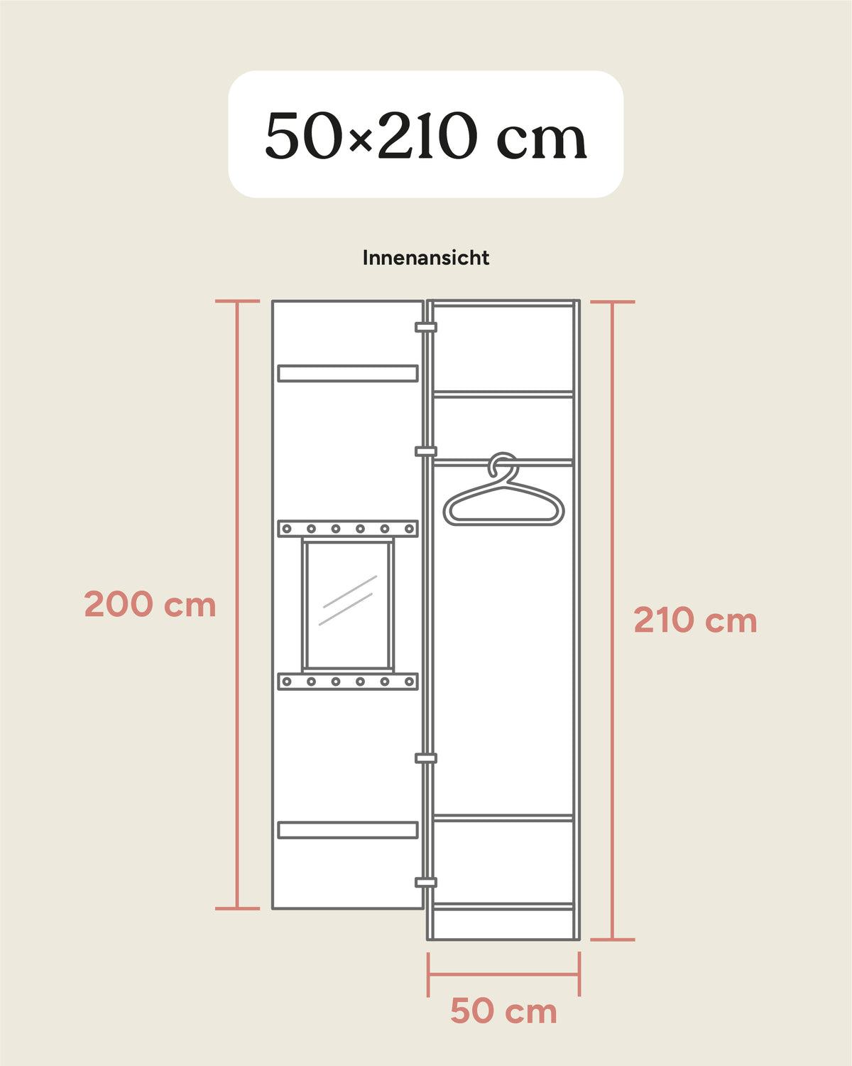 Größengrafik Kleiderschrank Linia 50x210 cm.