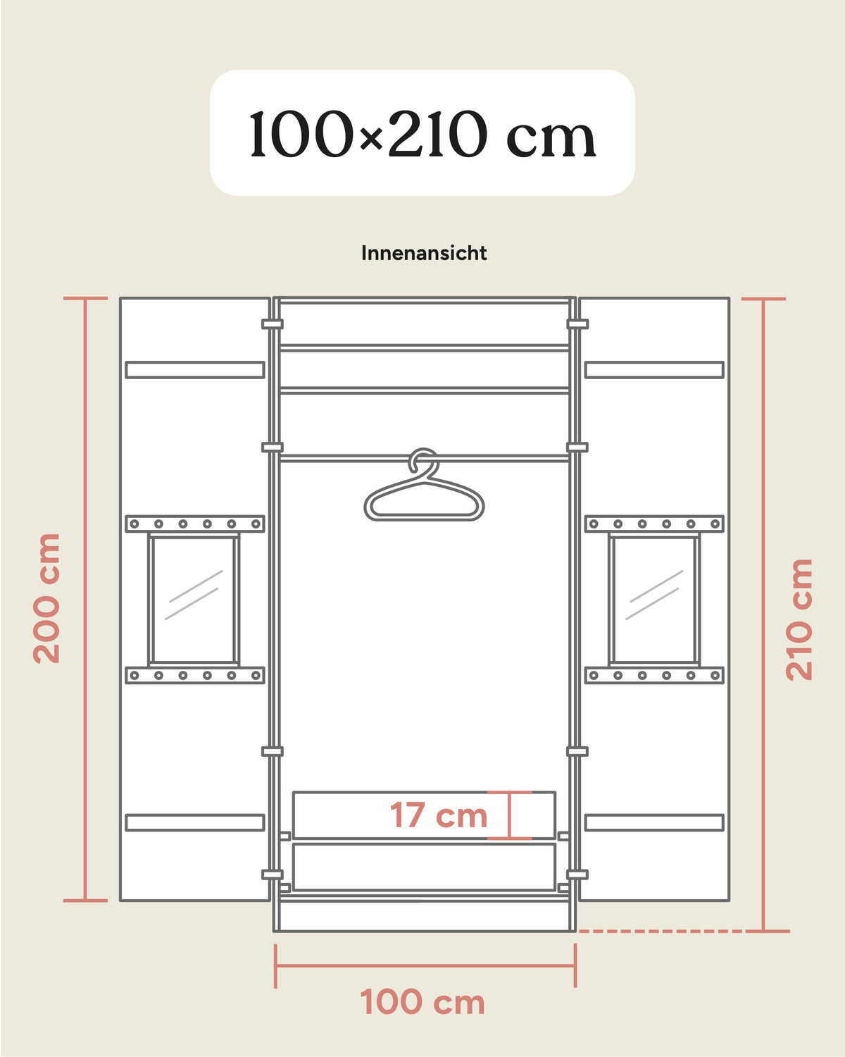 Größengrafik Kleiderschrank Linia mit Innenschubladen 100x210 cm.