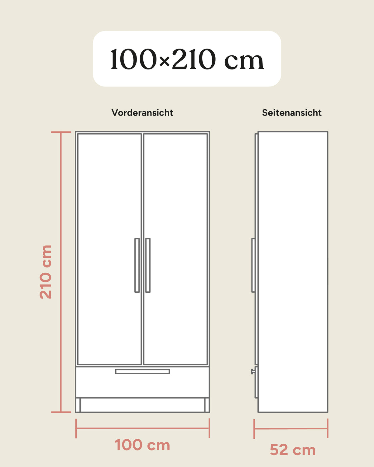 Größengrafik Kleiderschrank Linia mit Schublade 100x210 cm.