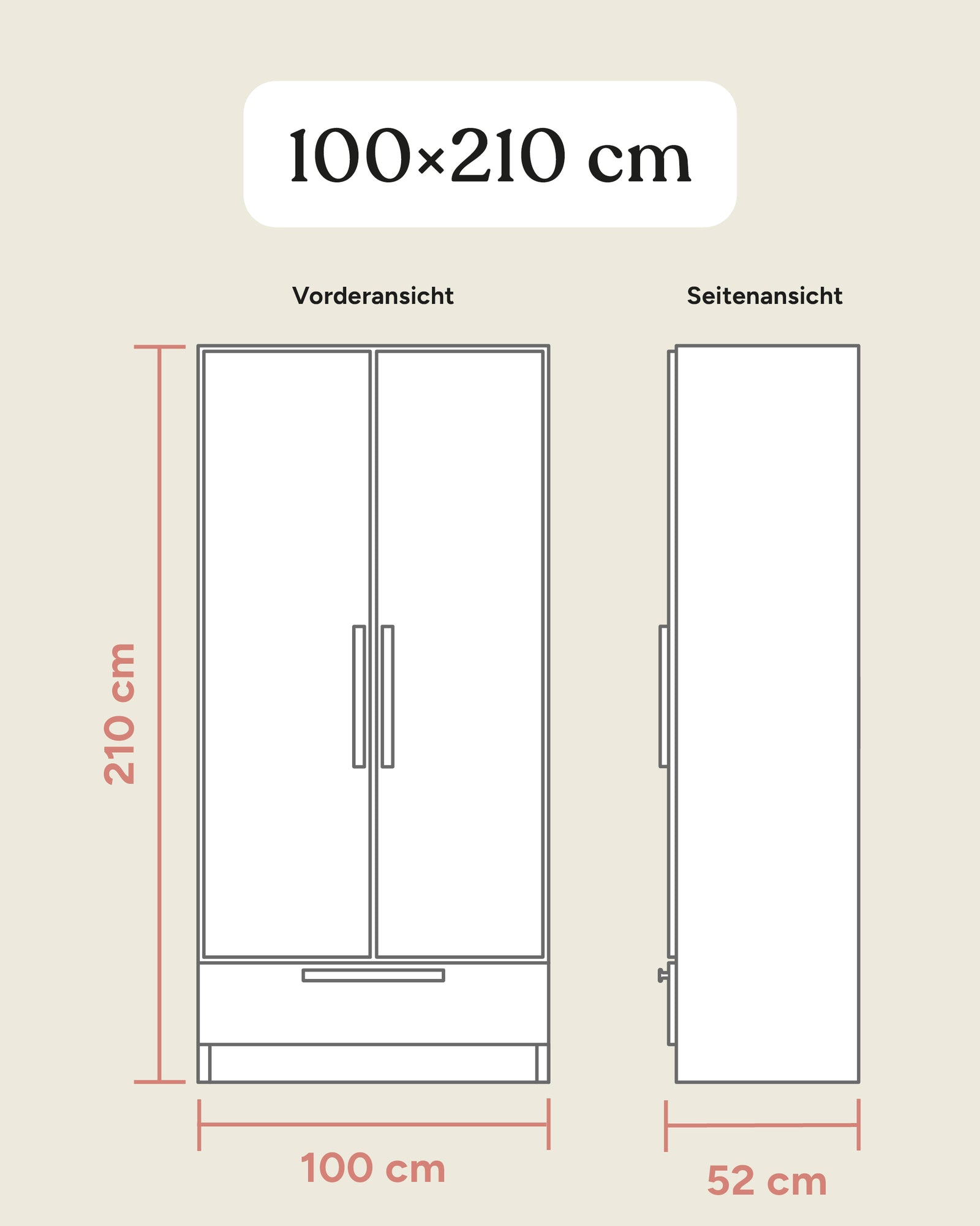 Größengrafik Kleiderschrank Linia mit Schublade 100x210 cm.