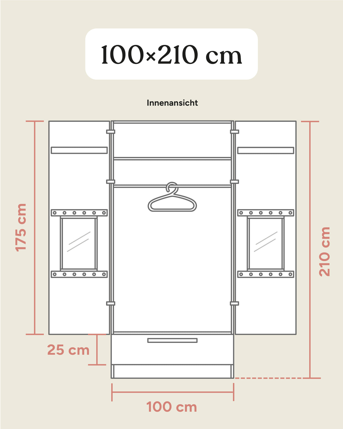 Größengrafik Kleiderschrank Linia mit Schublade 100x210 cm.