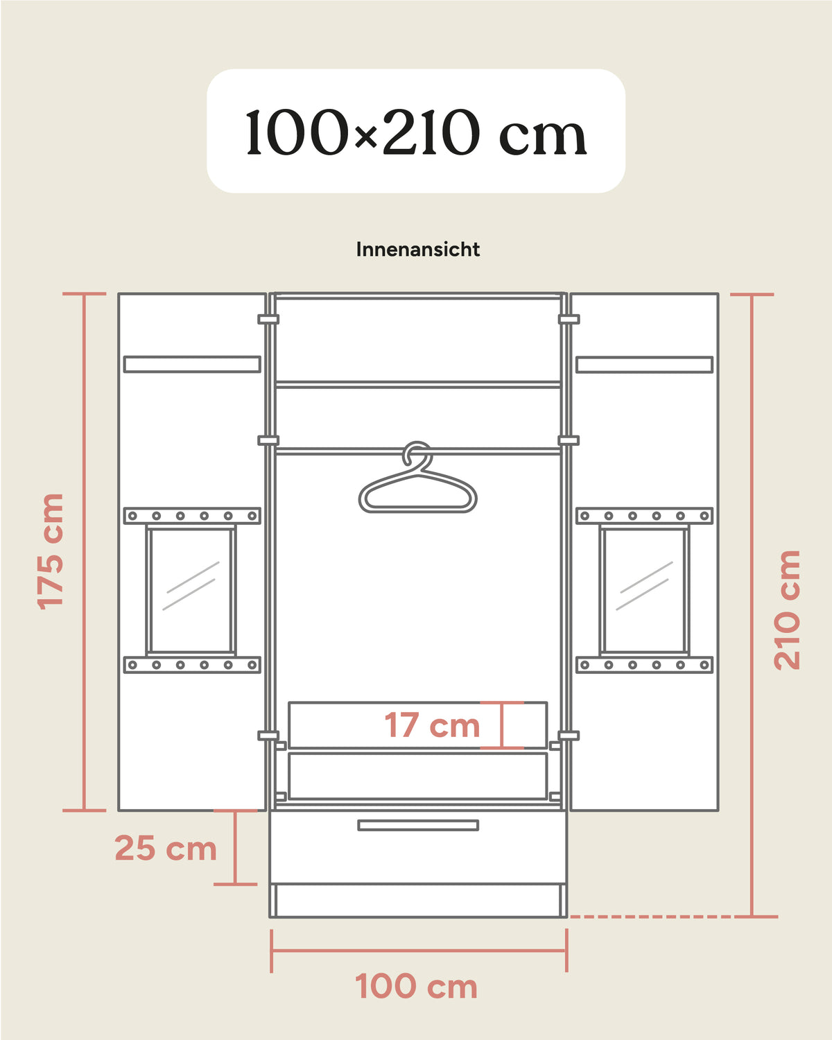 Größengrafik Kleiderschrank Linia mit Schublade und Innenschublade 100x210 cm.