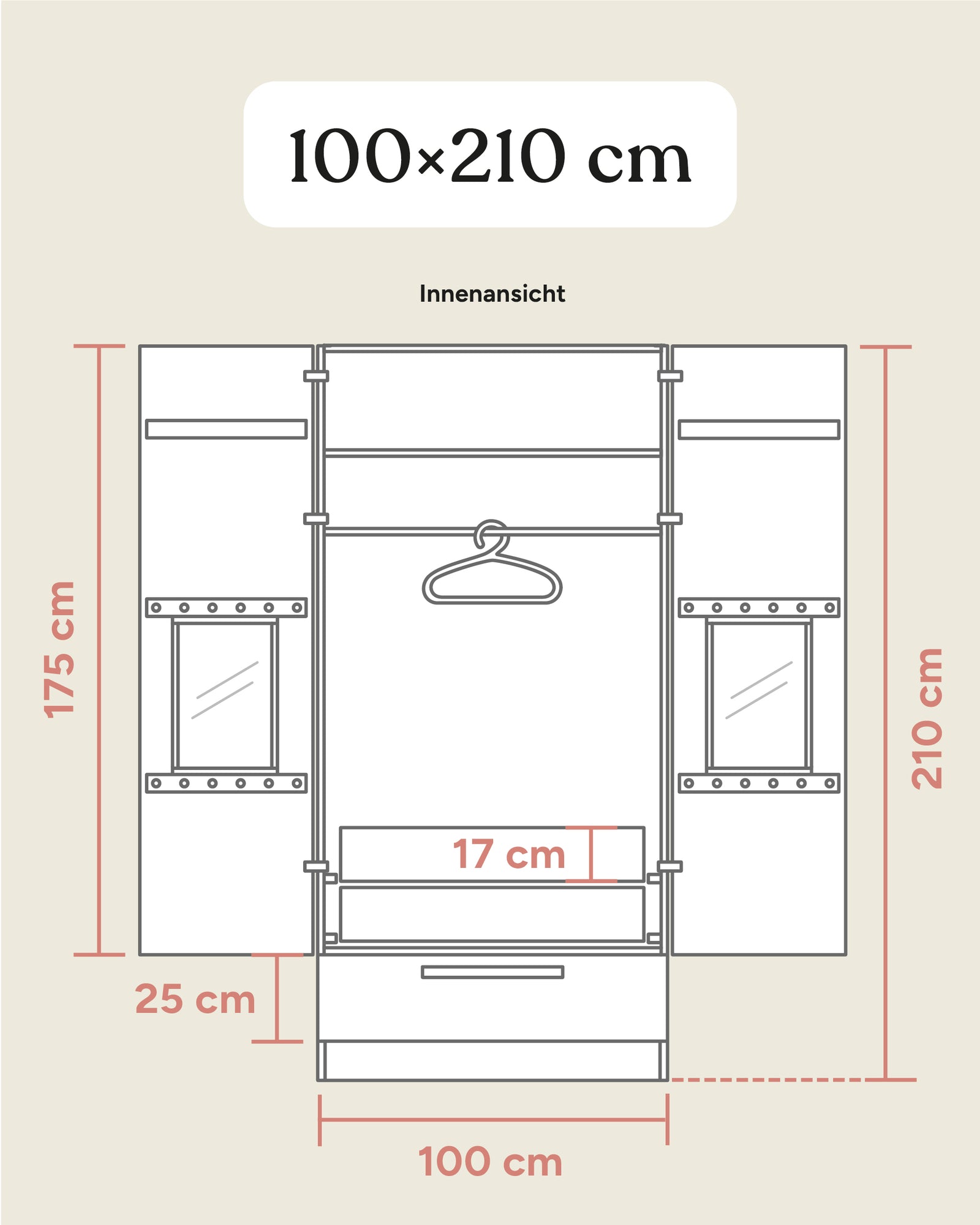 Größengrafik Kleiderschrank Linia mit Schublade und Innenschublade 100x210 cm.