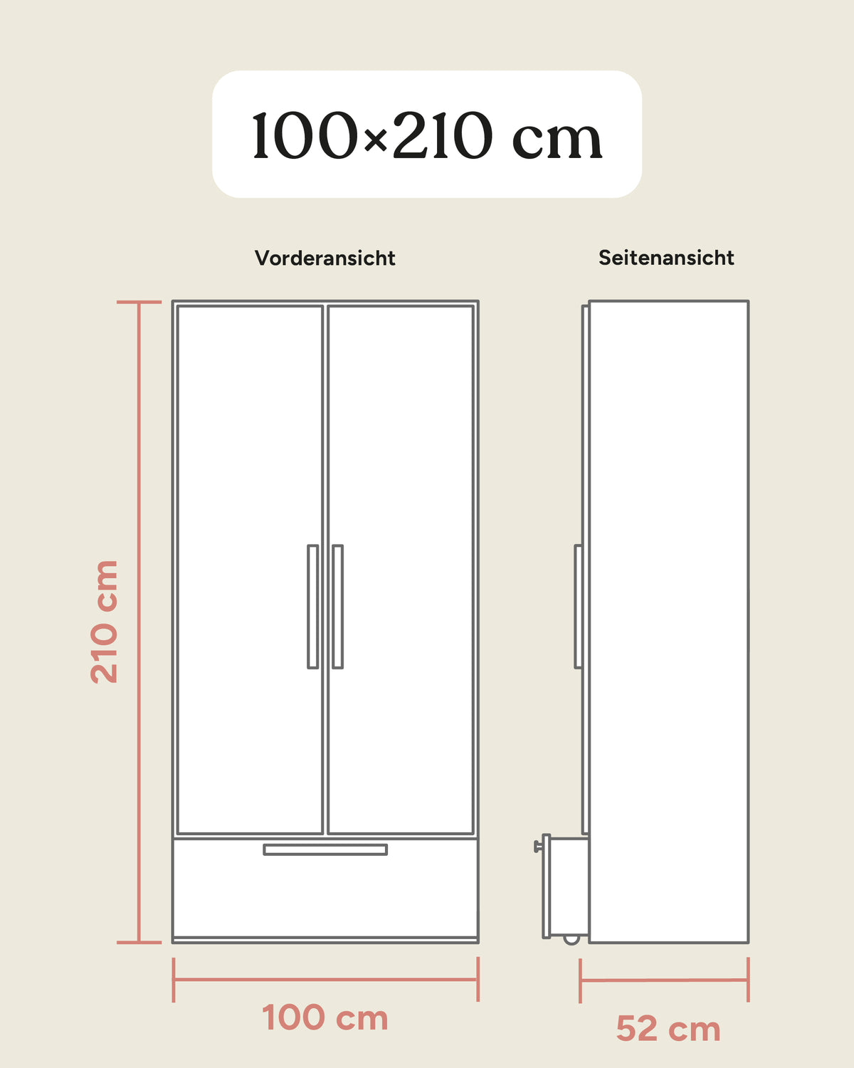 Größengrafik Kleiderschrank Linia mit Rollschublade 100x210 cm.