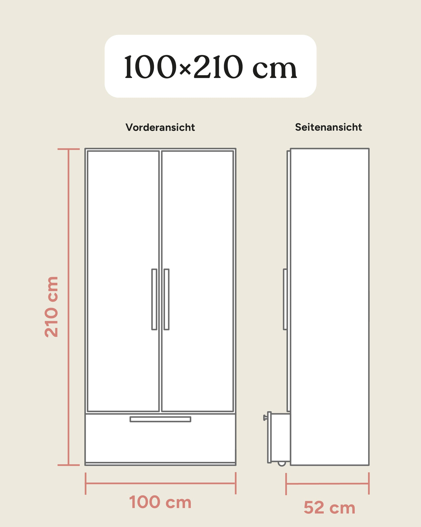 Größengrafik Kleiderschrank Linia mit Rollschublade 100x210 cm.