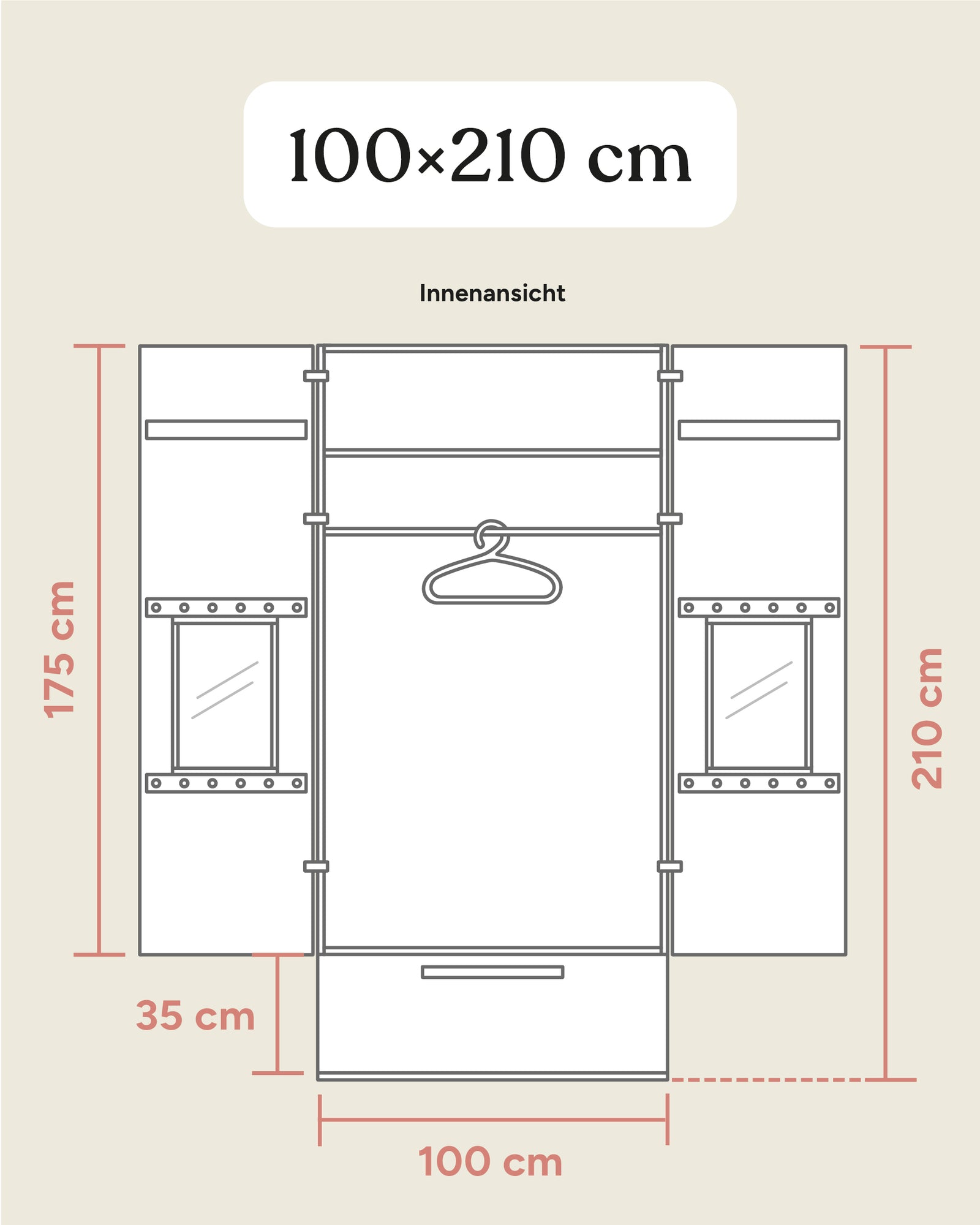 Größengrafik Kleiderschrank Linia mitRollschublade innen 100x210 cm.