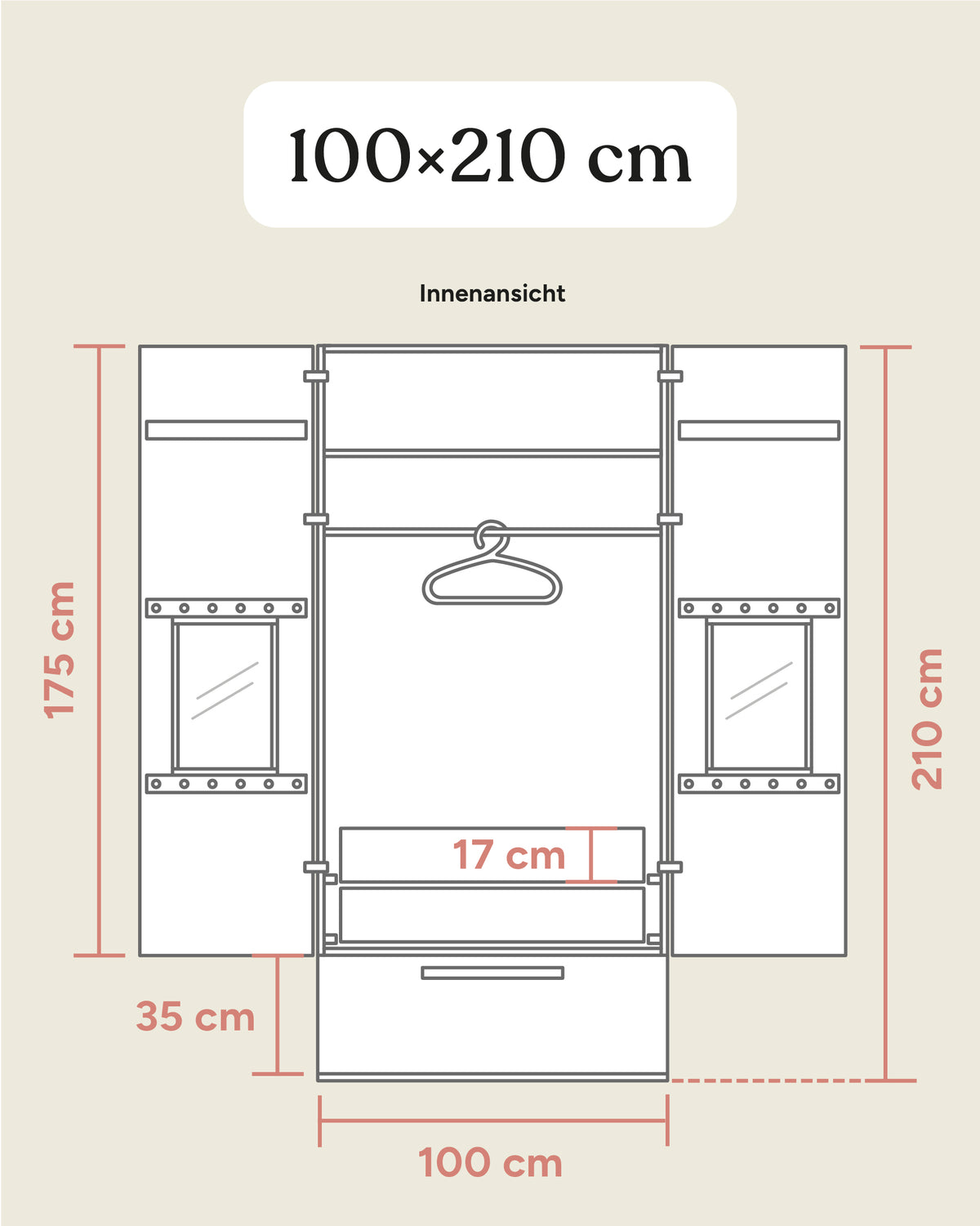 Größengrafik Kleiderschrank Linia mit Rollschublade innen 100x210 cm.
