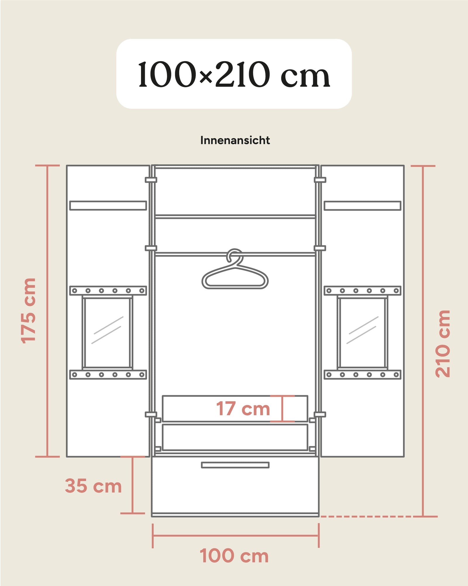 Größengrafik Kleiderschrank Linia mit Rollschublade innen 100x210 cm.